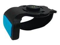 Schwarze Kunststoff-Fahrradhalterung für Telefone mit blauem Seitenkissen, gezeigt auf weißem Hintergrund.