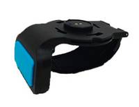 Schwarz-blaueres tragbares Armband mit einer kreisförmigen Halterung, gezeigt auf weißem Hintergrund.