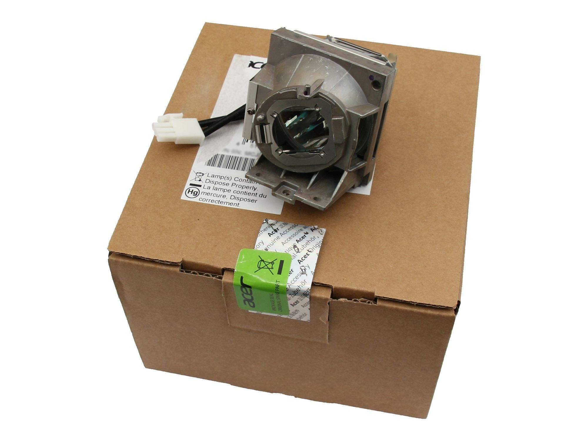 Eine Ersatzprojektorlampe in ihrem Gehäuse sitzt auf der Oberseite einer versiegelten Kartonversandbox.
