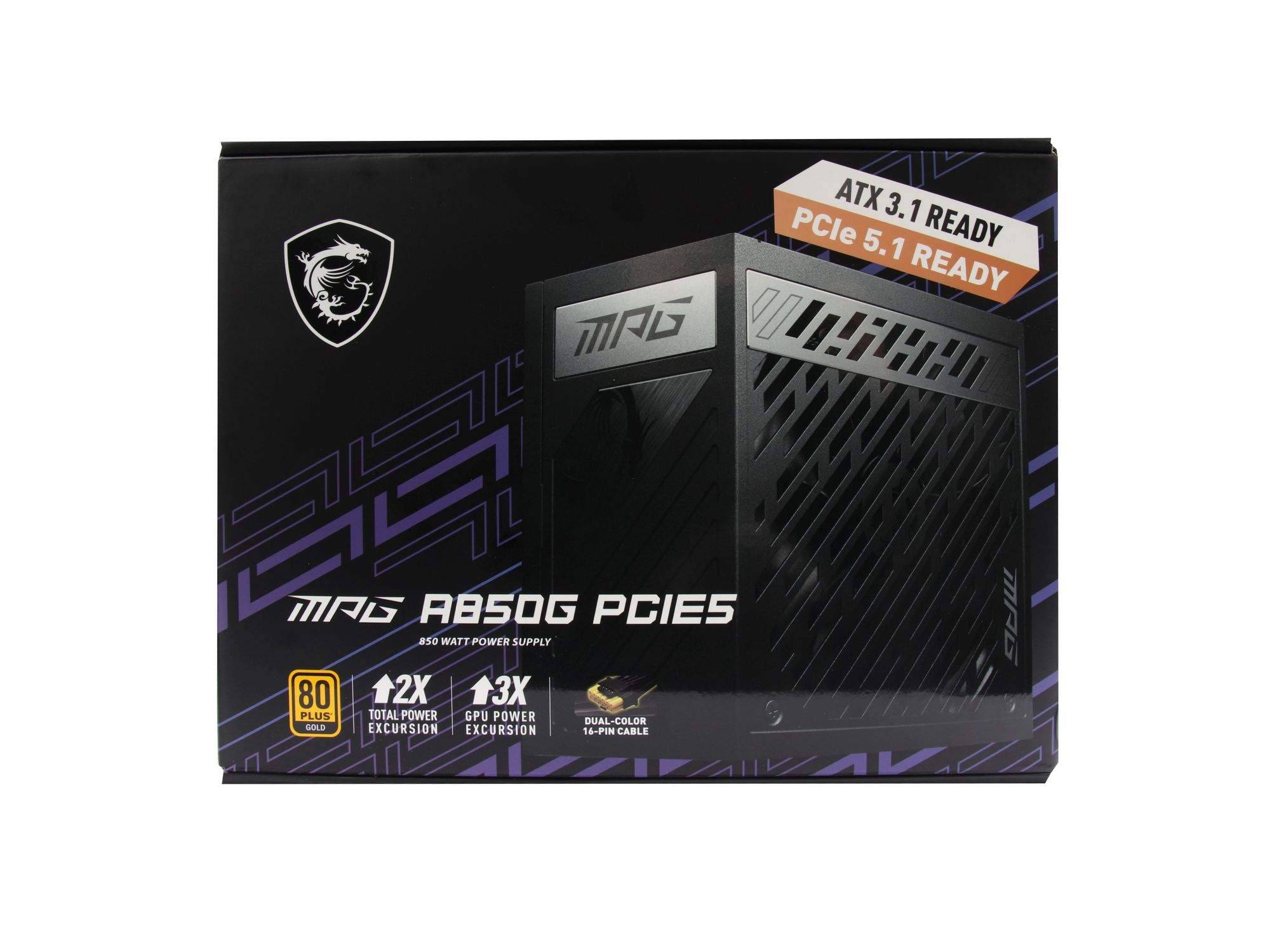 MSI MAG A850G PCIE5 Netzteil, beschriftet mit „ATX 3.1 READY