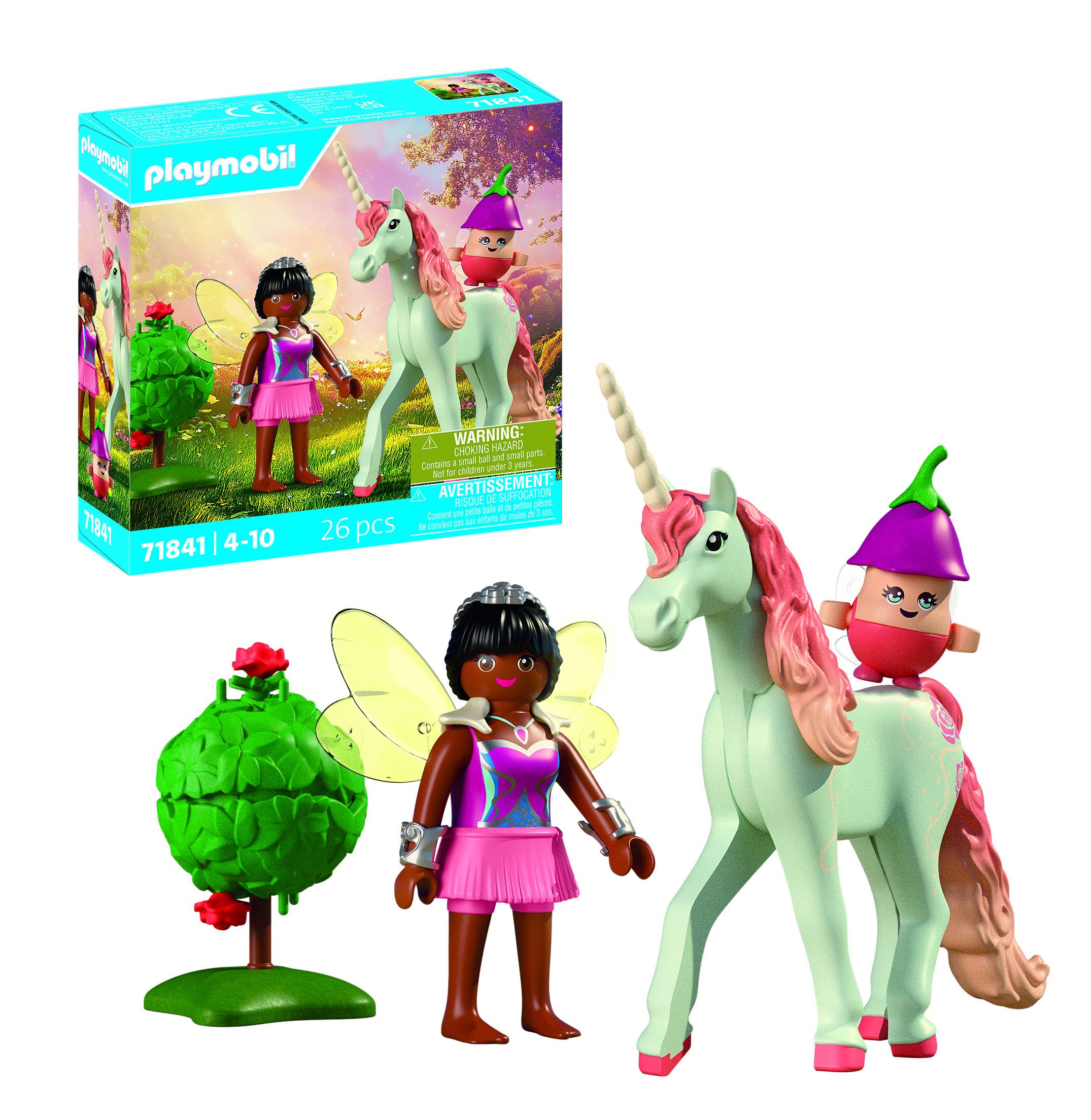 Playmobil-Feenspielset mit Box, Feenfigur, Einhorn und kleinem Baum-Zubehör auf weißem Hintergrund.