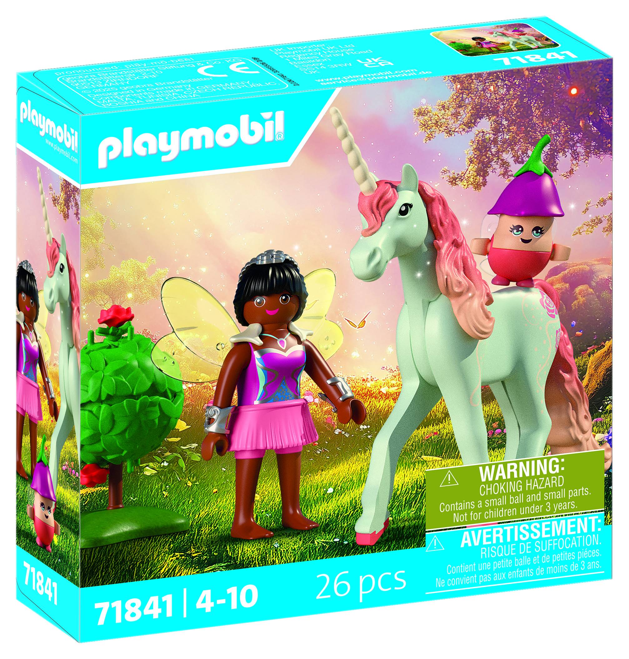 Playmobil-Spielzeugset-Box mit einem Feenmädchen, Einhorn und Pilzfigur; gekennzeichnet mit 26 Teilen, Altersangabe 4-10 Jahre, Set 71841.