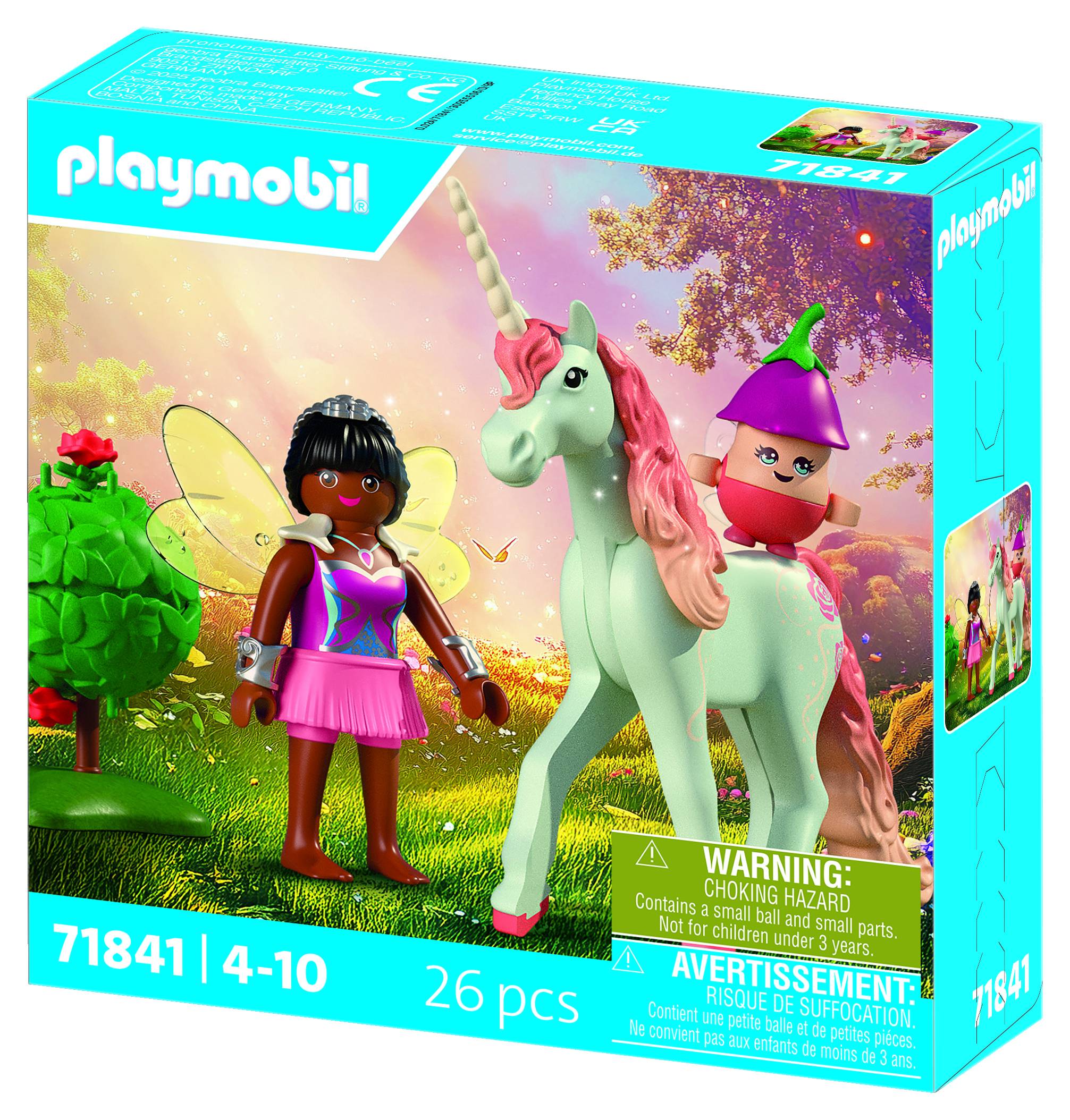 Playmobil-Spielzeugset-Box mit einem Feenmädchen mit Flügeln, einem Einhorn und einer kleinen Figur in einem violetten Hut; 26 Teile für Alter 4-10 Jahre.