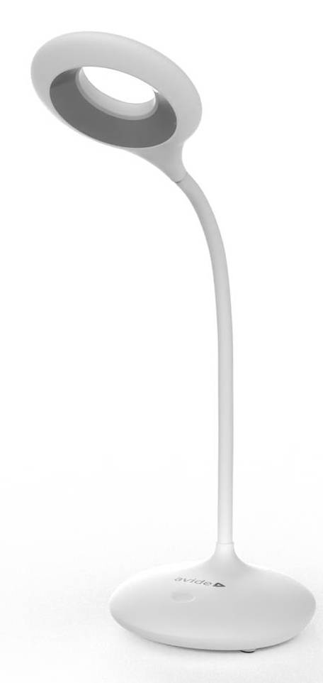 Moderne weiße LED-Schreibtischleuchte mit ovalem Leuchtenkopf, flexiblem Hals und abgerundeter Basis auf neutralem Hintergrund.