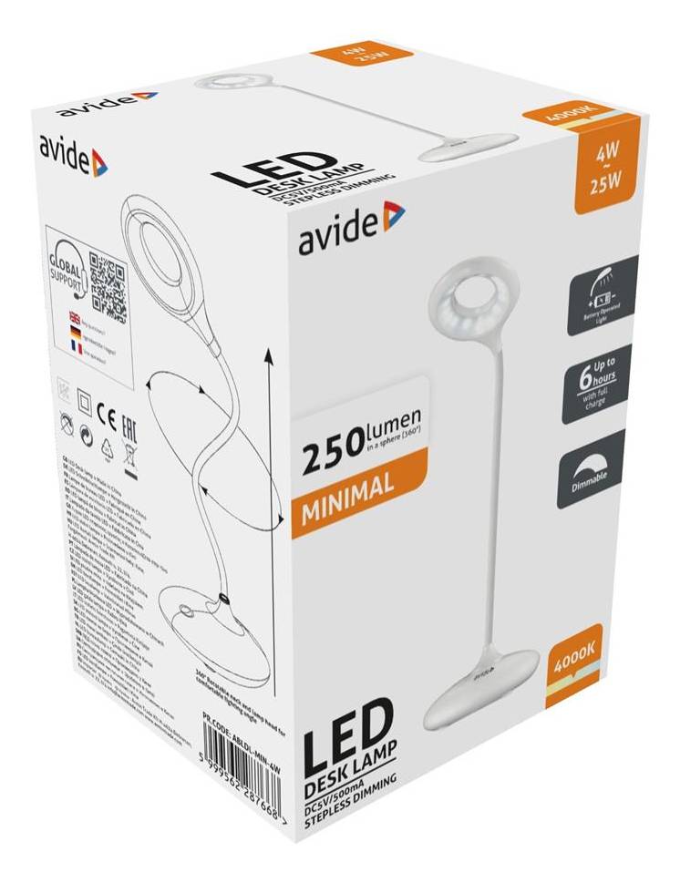 Kassenverpackung für eine Avide LED-Schreibtischleuchte, 250 Lumen, 4W/25W, minimalistisches Design, 6 Helligkeitsstufen, 4000K, mit Produktabbildung.