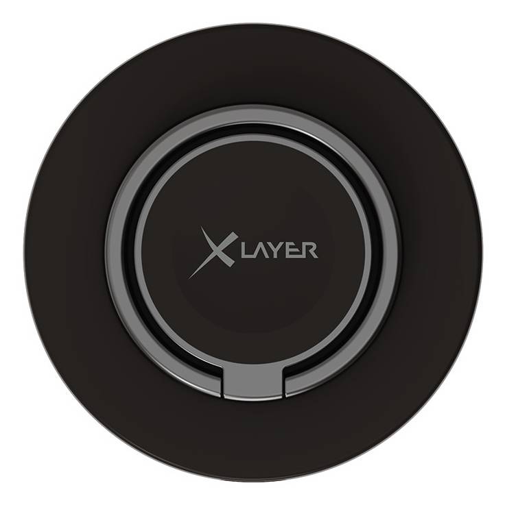 Schwarzes rundes XLayer-Wireless-Ladegerät mit zentralem Ring und Logo auf weißem Hintergrund