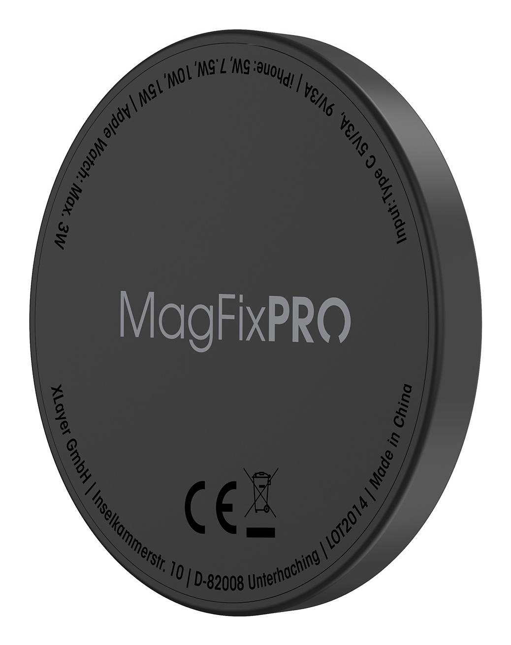 Rundes MagFix PRO magnetisches kabelloses Ladegerät mit gedruckten Spezifikationen und Zertifizierungssymbolen auf einer dunklen Oberfläche.