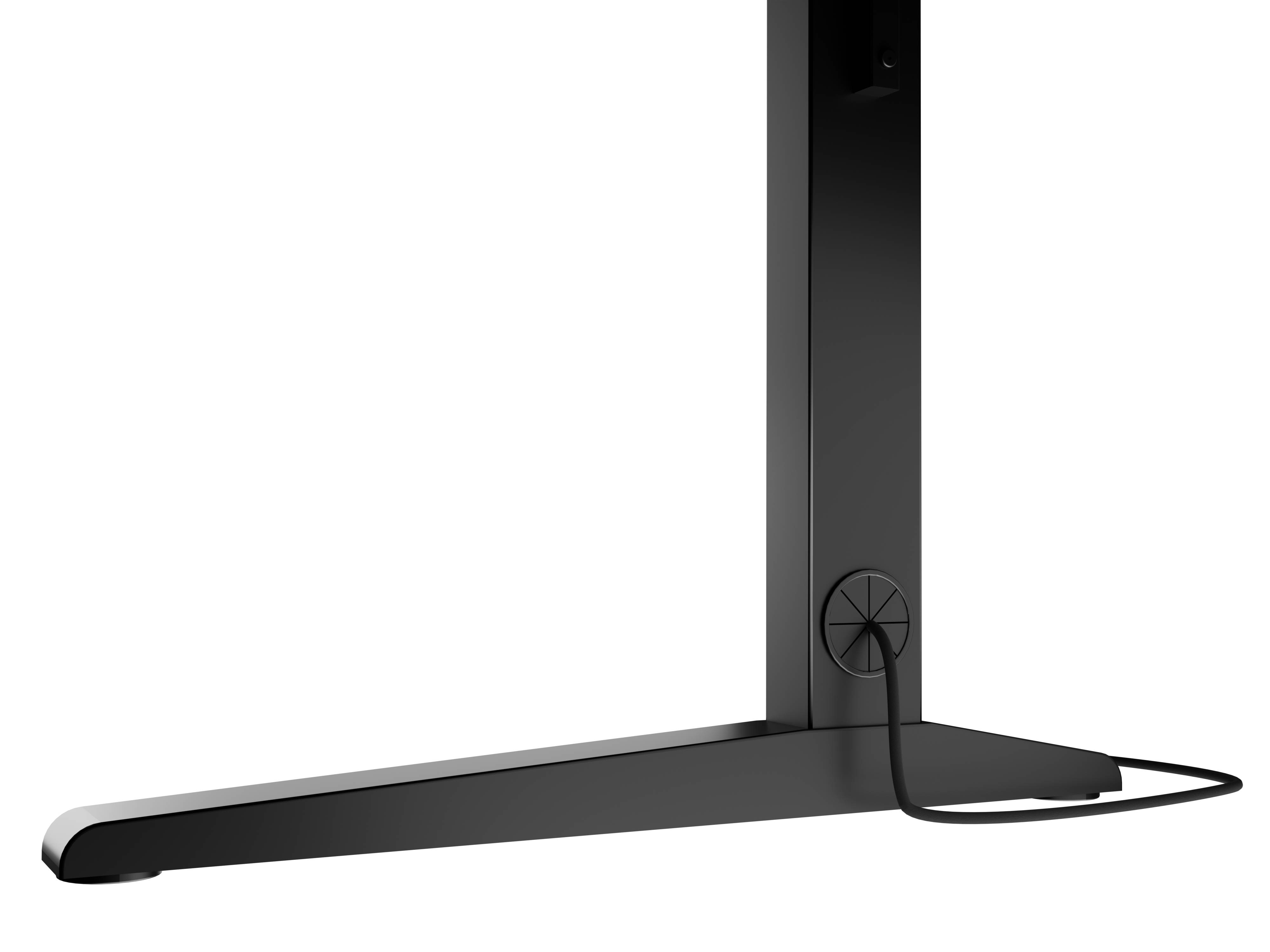 Schwarzer Monitorständer mit vertikaler Stütze und angebrachtem Kabel, gezeigt auf einfachem weißem Hintergrund.