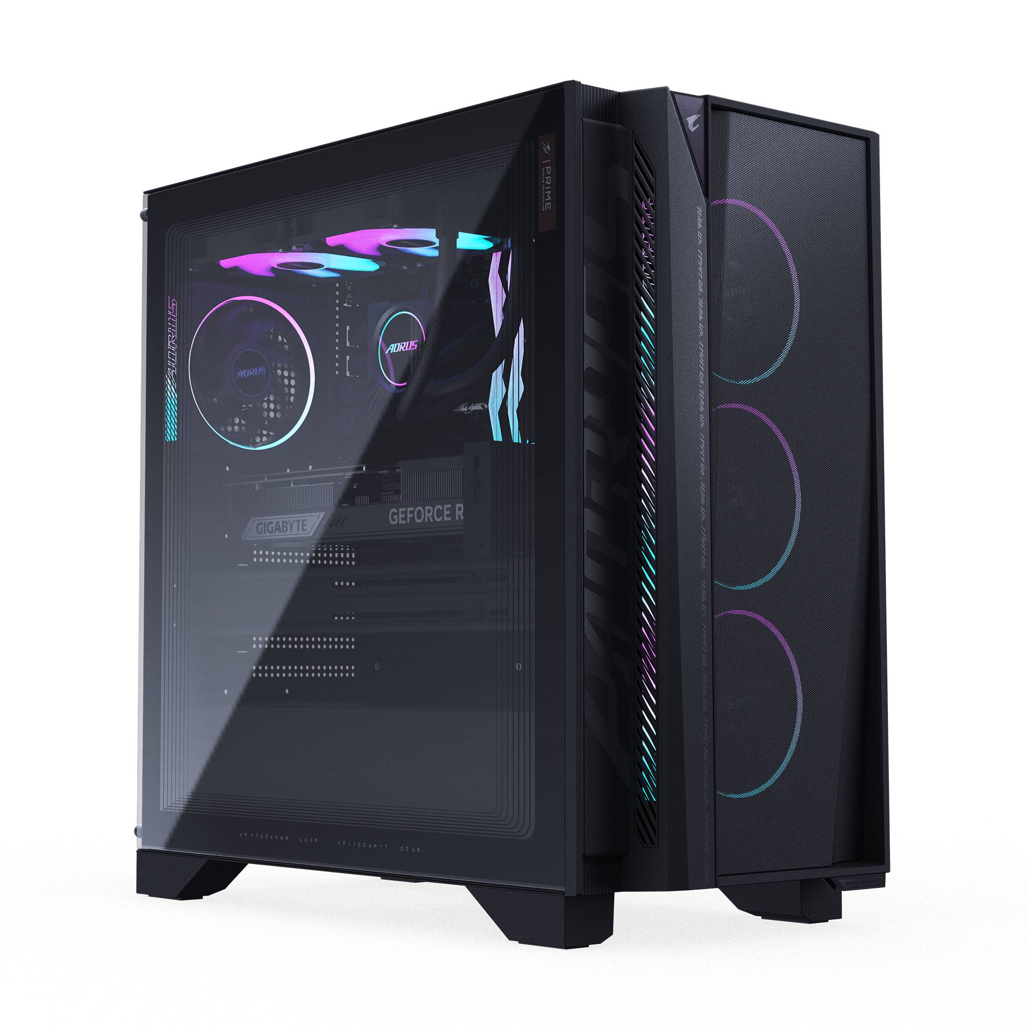 Schwarzer Gaming-Desktop-Tower mit Seitenpanel aus gehärtetem Glas, RGB-beleuchteten Lüftern und sichtbarer GeForce-RTX-Grafikkarte im Inneren.