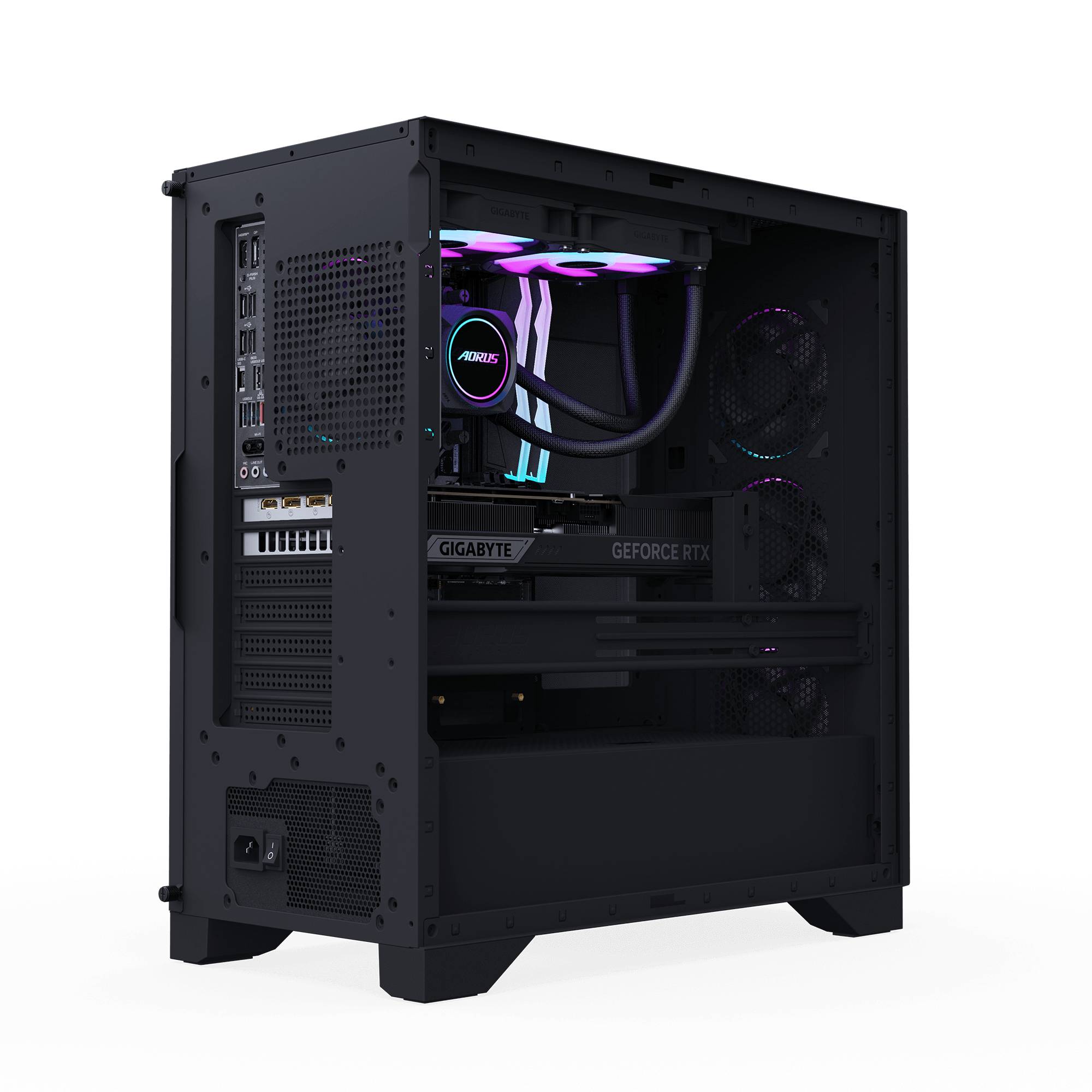 Schwarzer Desktop-PC-Turm mit entferntem Seitenpanel, das RGB-beleuchtete Flüssigkeitskühlung, Gigabyte GeForce RTX-Grafikkarte und interne Lüfter zeigt.
