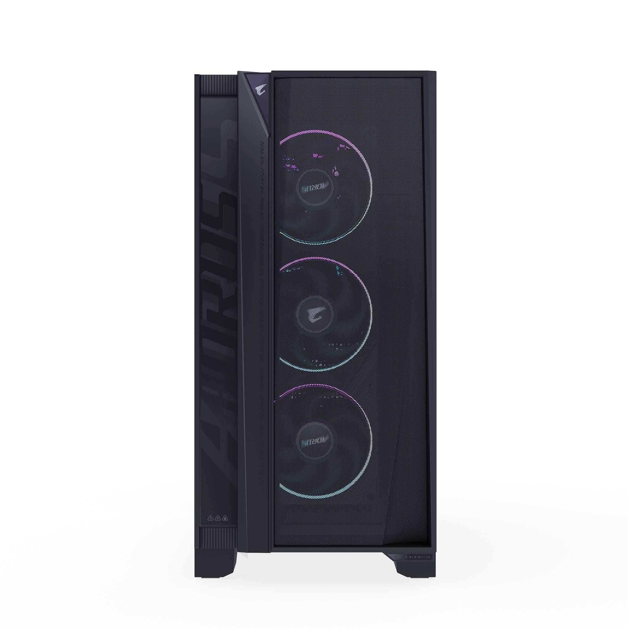Schwarzer Desktop-PC-Turm mit drei RGB-beleuchteten Frontlüftern und einer Seitenklappe, dargestellt auf weißem Hintergrund.