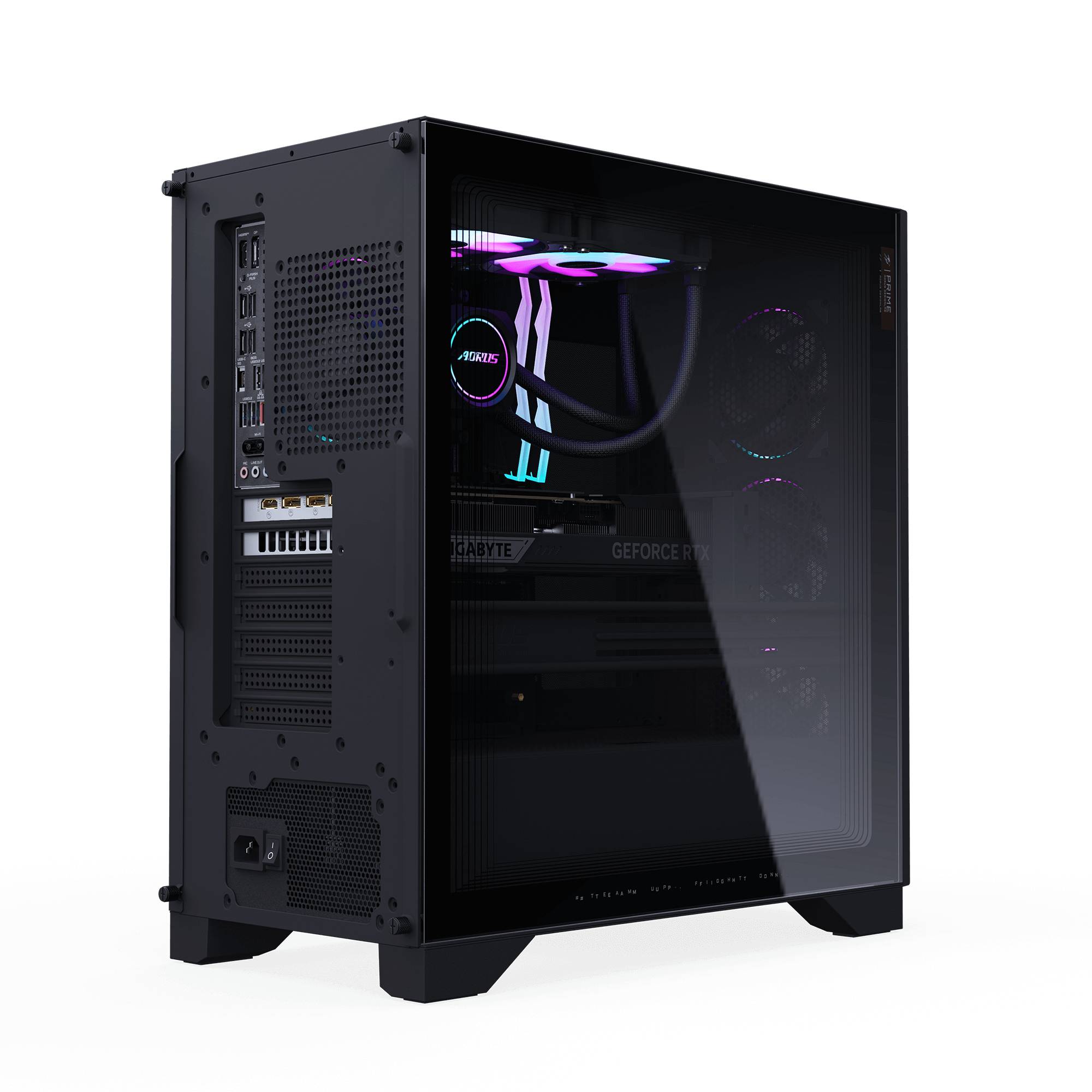 Schwarzer Desktop-Gaming-PC-Tower mit gehärtetem Glasseitenpanel, RGB-beleuchteter Flüssigkeitskühlung und sichtbaren internen Komponenten.