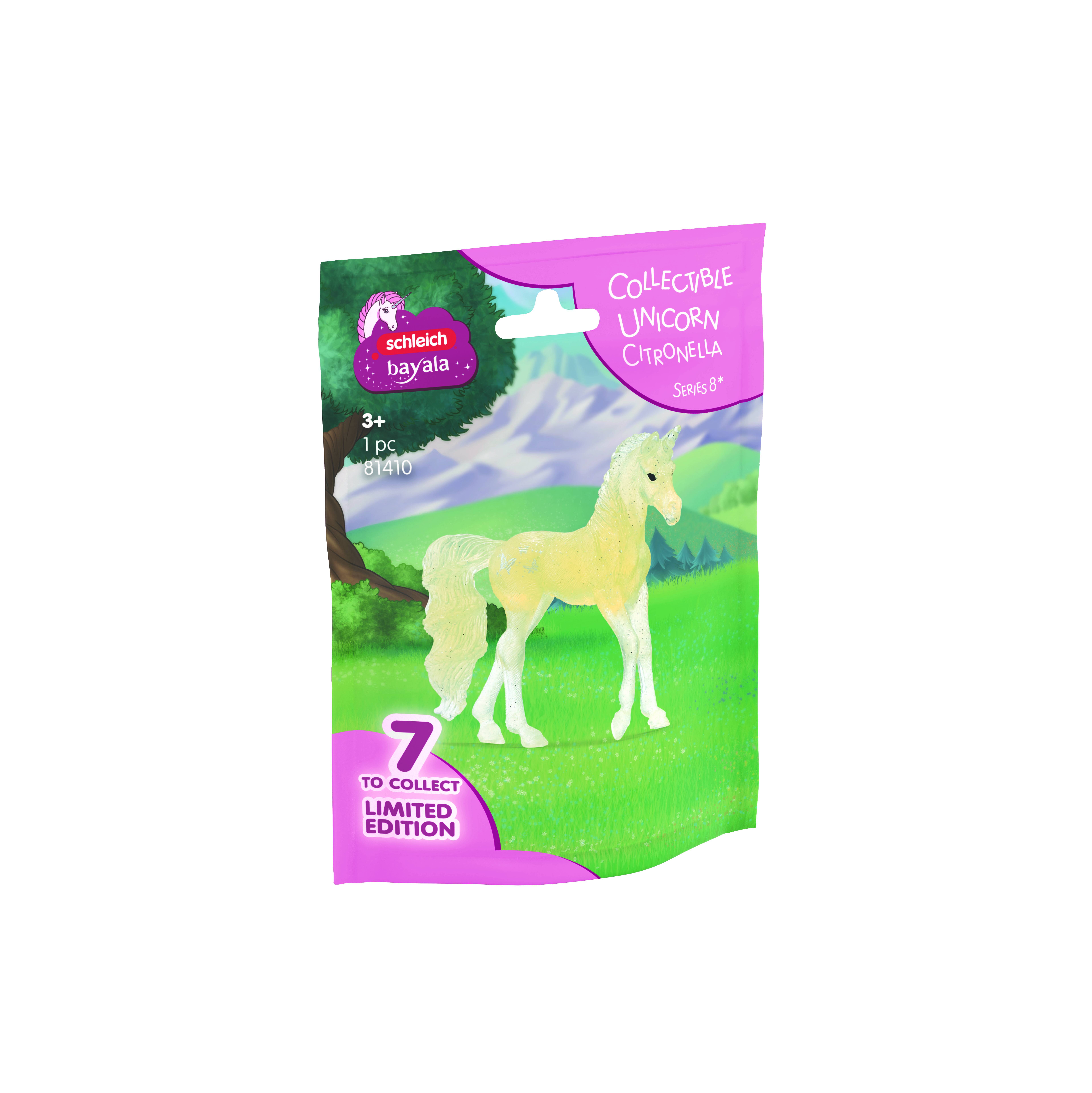 Verpackung für Schleich Bayala "Sammelbare Einhorn Citronella"" Spielzeug, das eine gelbe Einhornfigur und Text ""7 zum Sammeln limitierte Auflage"" zeigt.