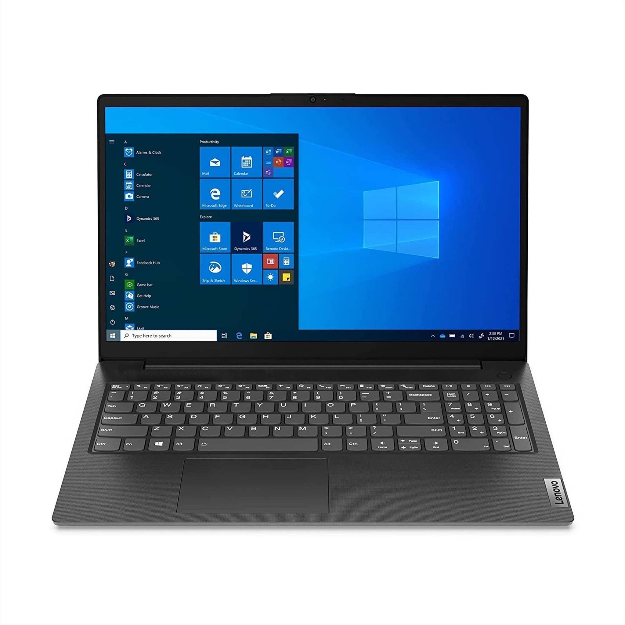 Schwarzer Lenovo-Laptop geöffnet mit Windows 10-Desktop und Startmenü auf dem Bildschirm, gezeigt in Vorderansicht auf weißem Hintergrund.