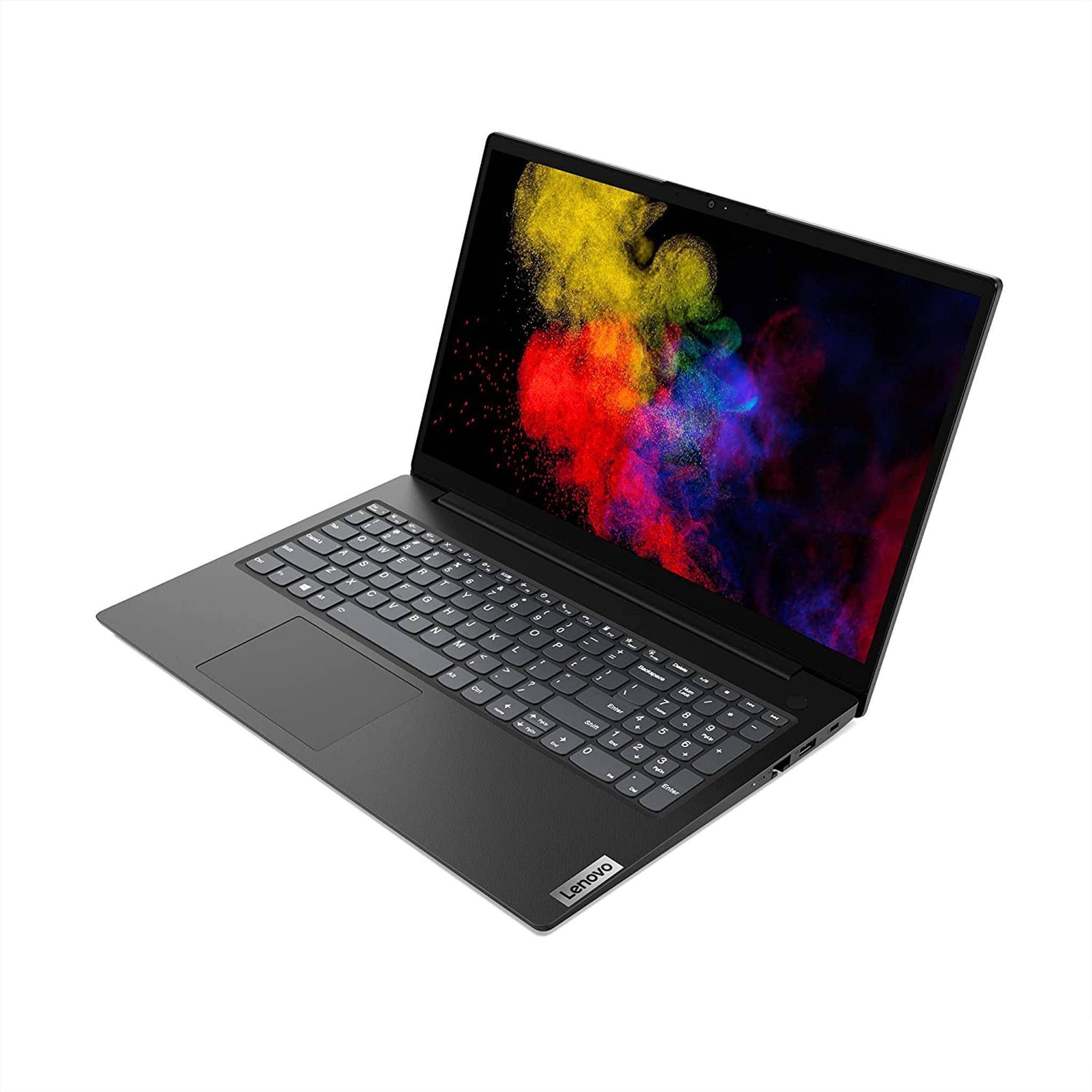 Schwarzer aufgeklappter Lenovo-Laptop in einem Winkel, der ein farbenfrohes abstraktes Display auf weißem Hintergrund zeigt.
