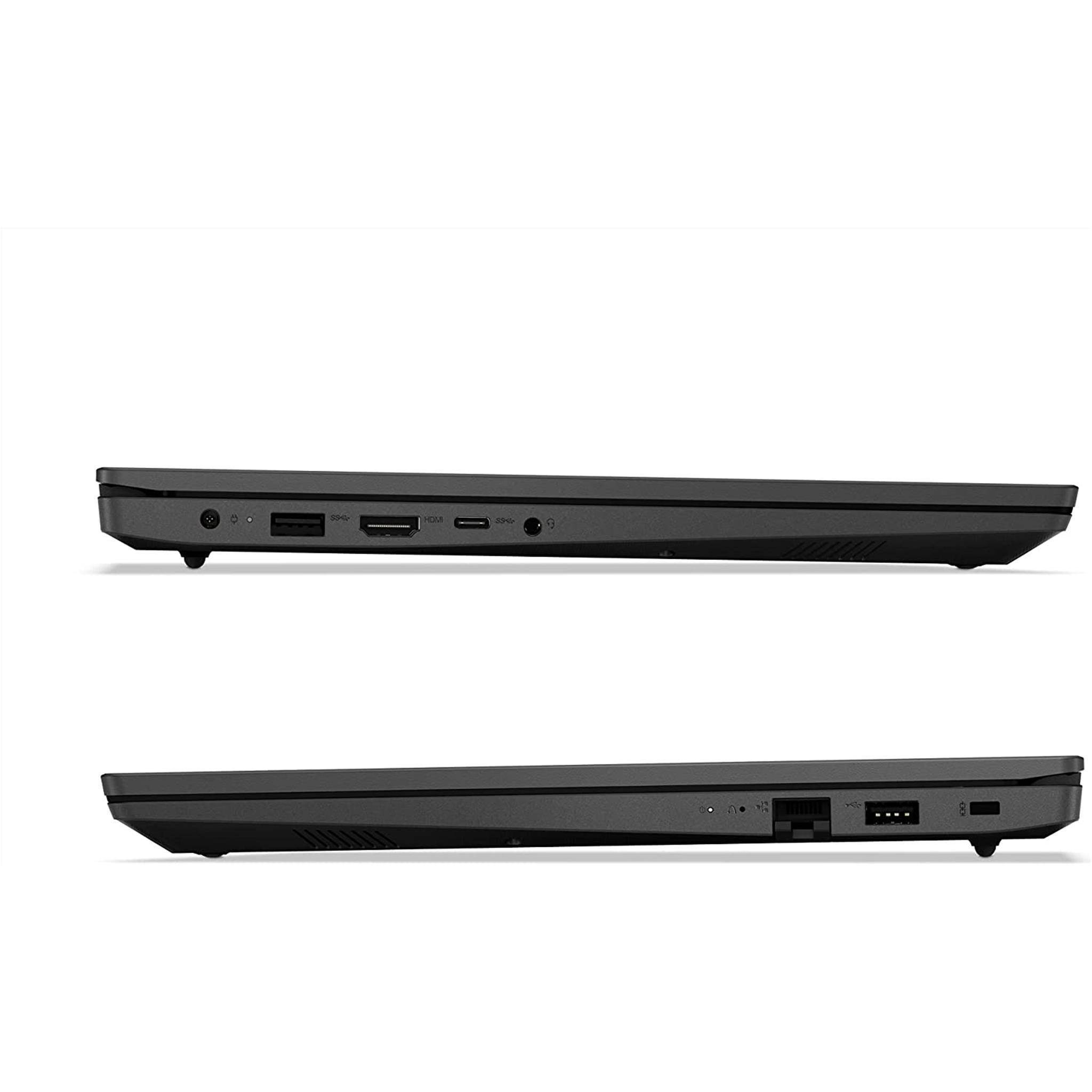 Zwei Seitenansichten eines schwarzen Laptops, die seine Anschlüsse und sein dünnes Profil vor weißem Hintergrund zeigen.