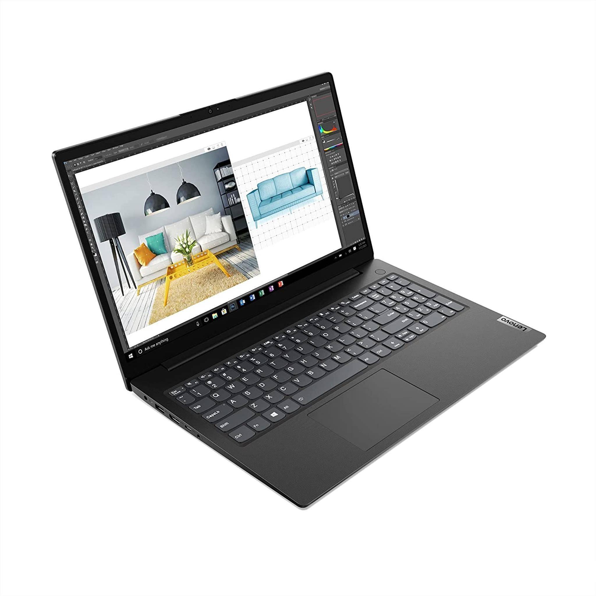 Schwarzer Lenovo-Laptop mit Bildbearbeitungssoftware auf dem Bildschirm, die ein Wohnzimmerbild und eine Vorschau eines blauen Sofadesigns zeigt.