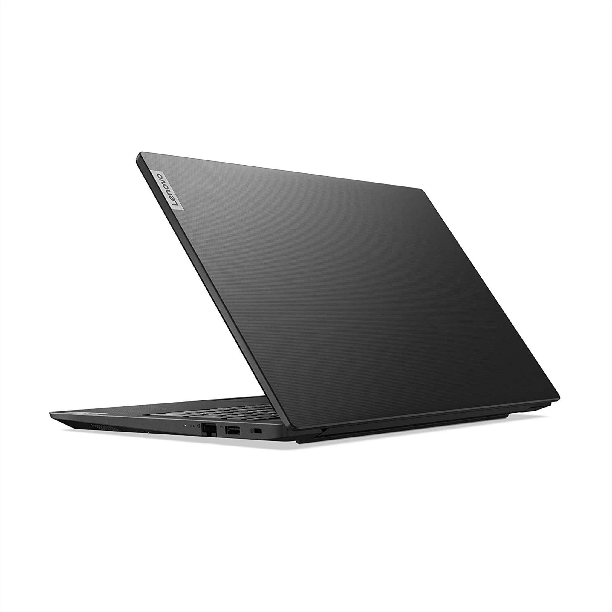 Schwarzer Lenovo-Laptop, teilweise geöffnet, in einer Seitenansicht auf weißem Hintergrund dargestellt.