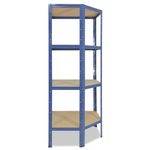 Blaues Metallregal mit vier Holzregalen, leer auf weißem Hintergrund dargestellt.