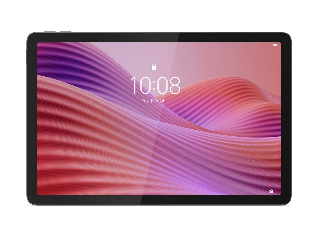 Schwarzes Tablet mit Sperrbildschirm, das abstrakte rosa und violette Wellentapete zeigt, sowie die Uhrzeit 10:08, Fr., 24. Feb.