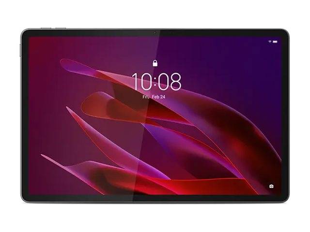 Tablet zeigt einen Sperrbildschirm mit der Uhrzeit 10:08 und dem Datum Fr., 24. Feb. über einem roten und lila abstrakten Hintergrund.