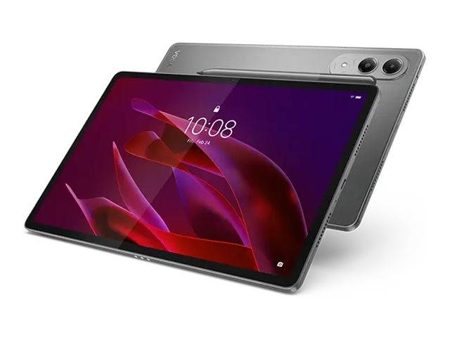 Zwei Tablets, vorne und hinten dargestellt; die Vorderseite zeigt ein lila abstraktes Hintergrundbild mit der Uhrzeit 10:08, die Rückseite zeigt einen grauen Körper mit zwei rückwärtigen Kameras.