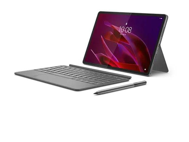 Ein Tablet mit abnehmbarer Tastatur und Stylus im Standbetrieb, auf dem eine abstrakte violette Tapete und die Uhrzeit 10:08 angezeigt werden.
