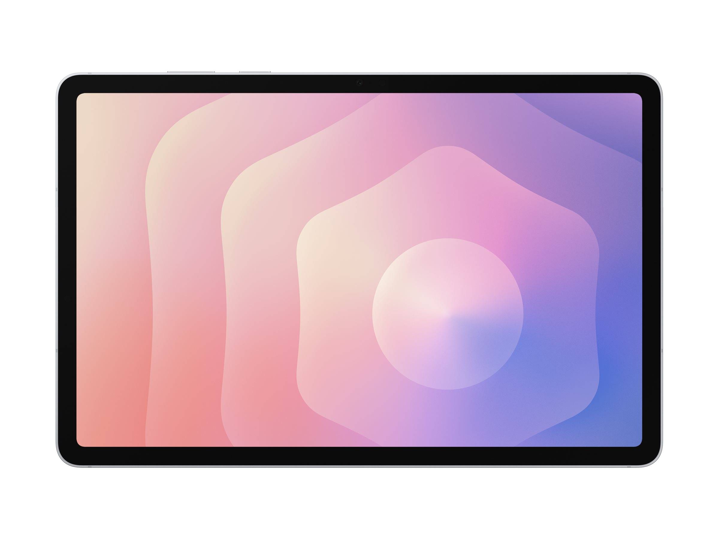 Ein Tablet oder Monitor mit einem pastellrosa, violetten und blauen abstrakten Farbverlauf auf dem Bildschirm in einer schwarzen Einfassung.