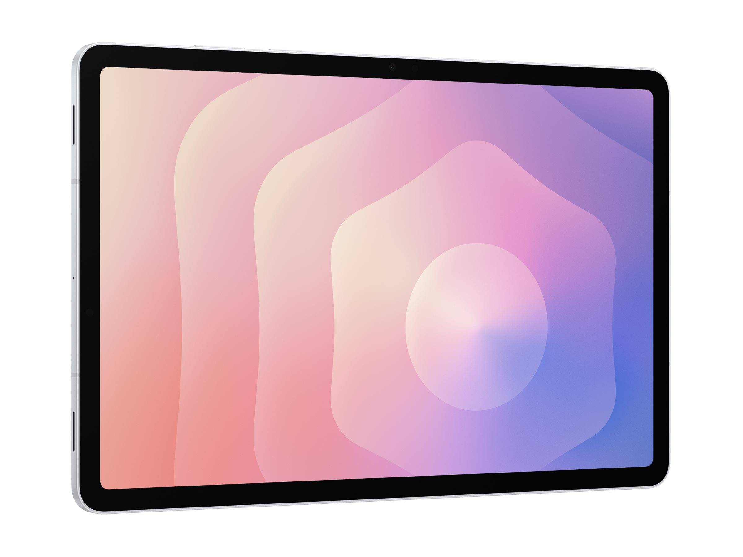 Schwarzes Tablet-Gerät mit abstraktem Rosa-zu-Lila-Hintergrundbild auf dem Bildschirm, in schrägem Vorderansicht gezeigt.