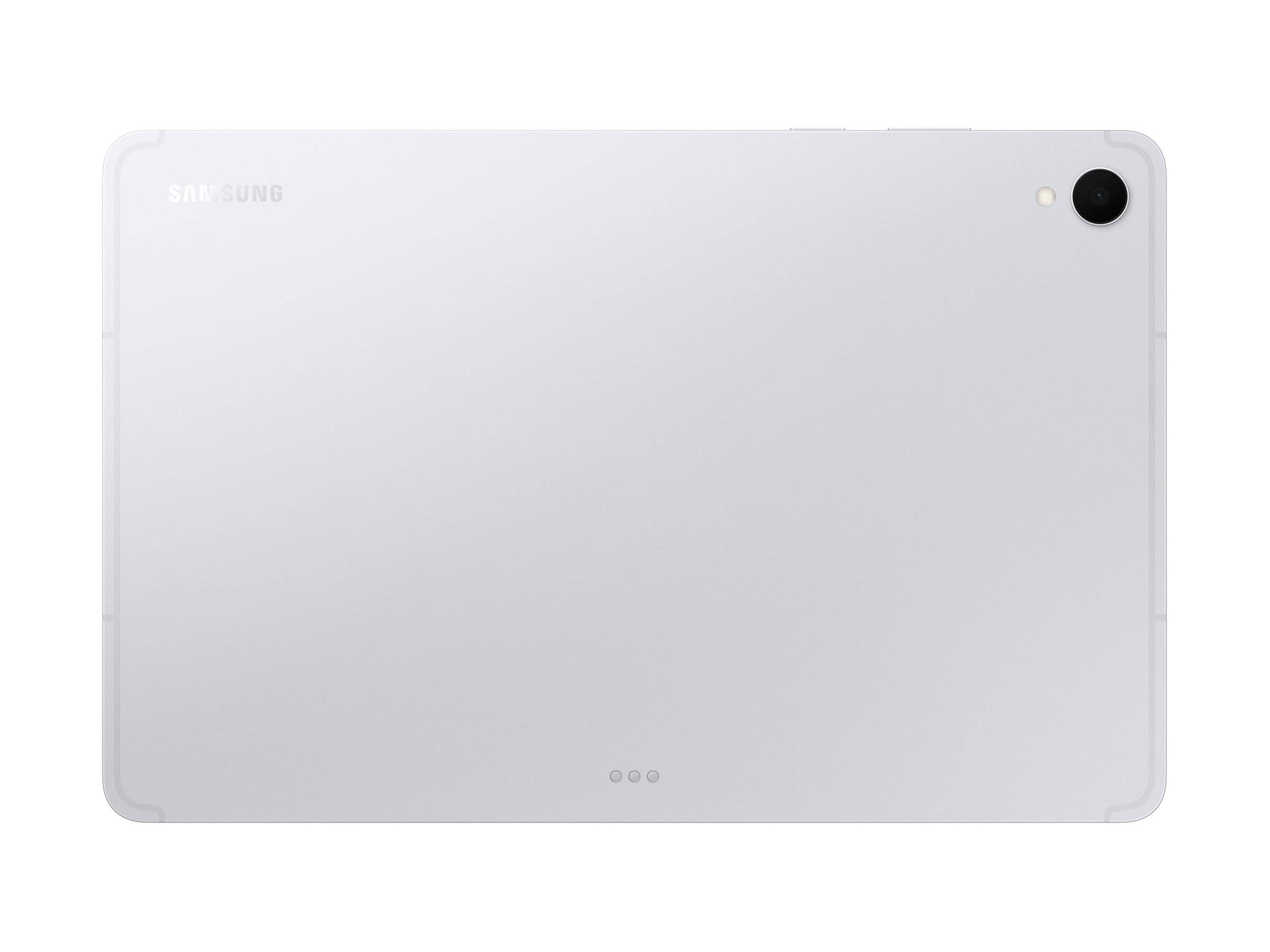 Rückseite eines hellgrauen Samsung-Tablets mit einer einzelnen Rückkamera in der oberen rechten Ecke auf weißem Hintergrund.