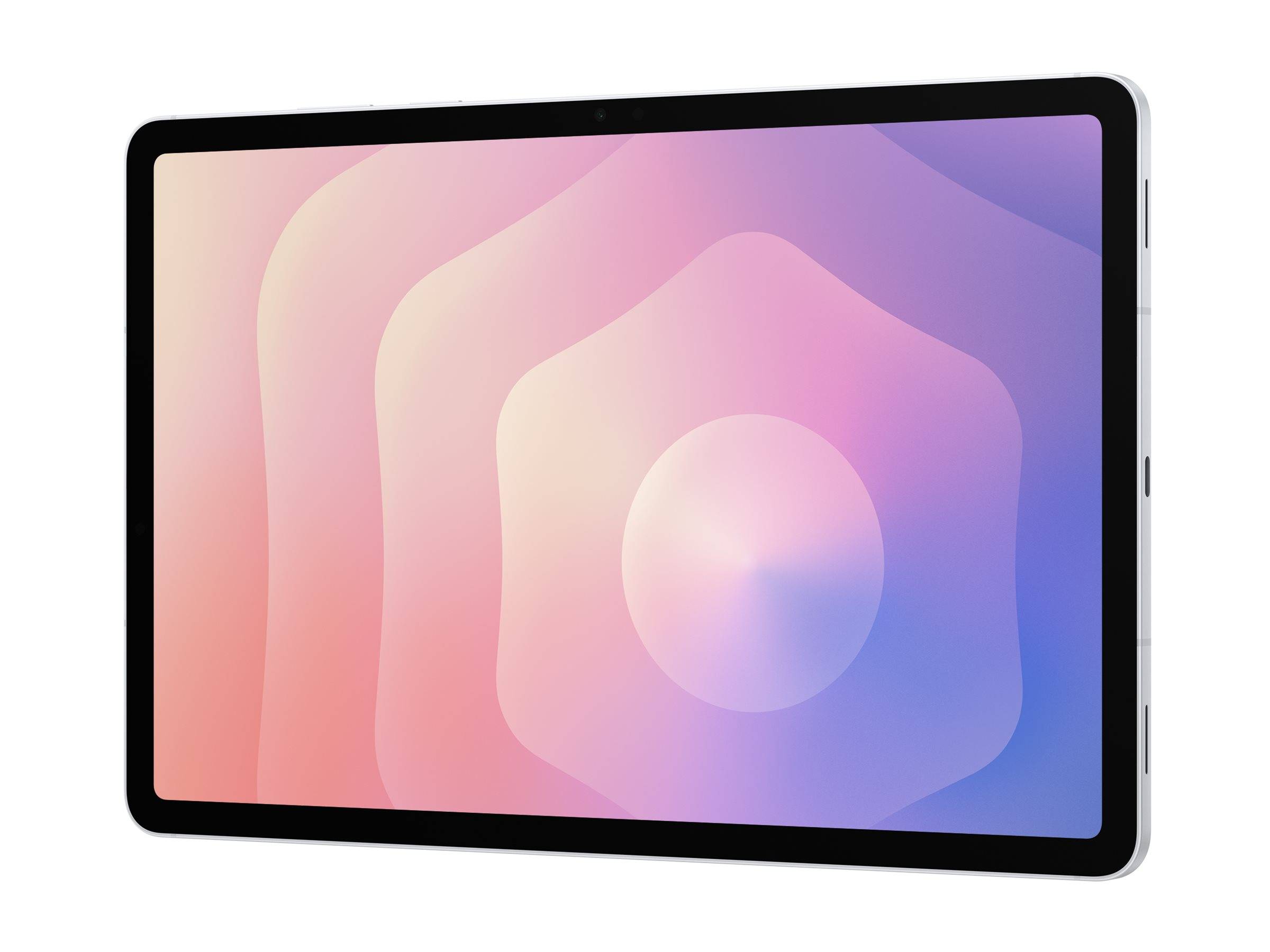 Ein schwarzes Tablet, das in einem Winkel gezeigt wird, mit einer abstrakten Farbverlauf-Tapete in Rosa bis Violett auf dem Bildschirm.