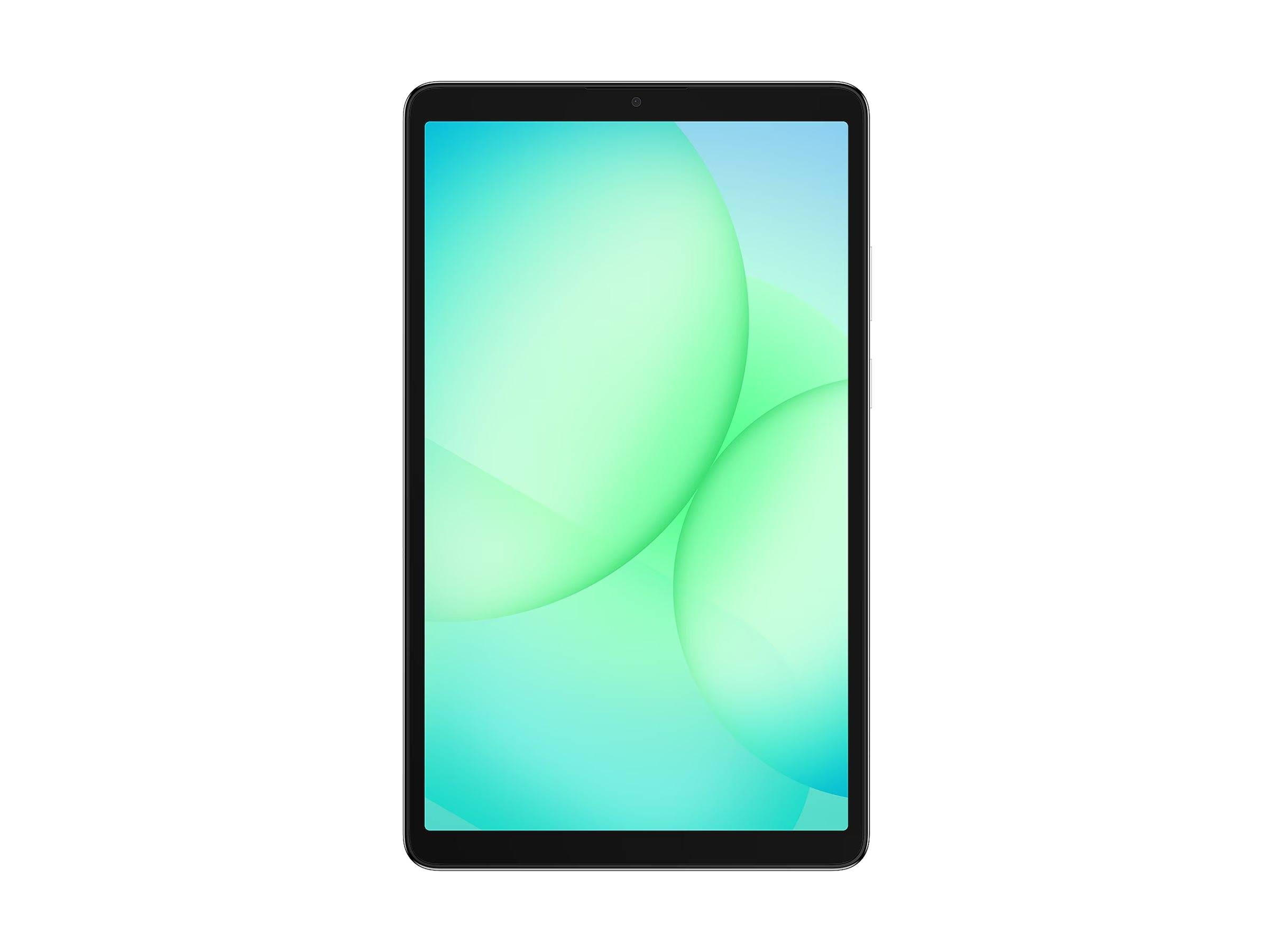 Schwarzes Tablet mit einer grünen abstrakten Verlaufstapete auf einfachem weißem Hintergrund.