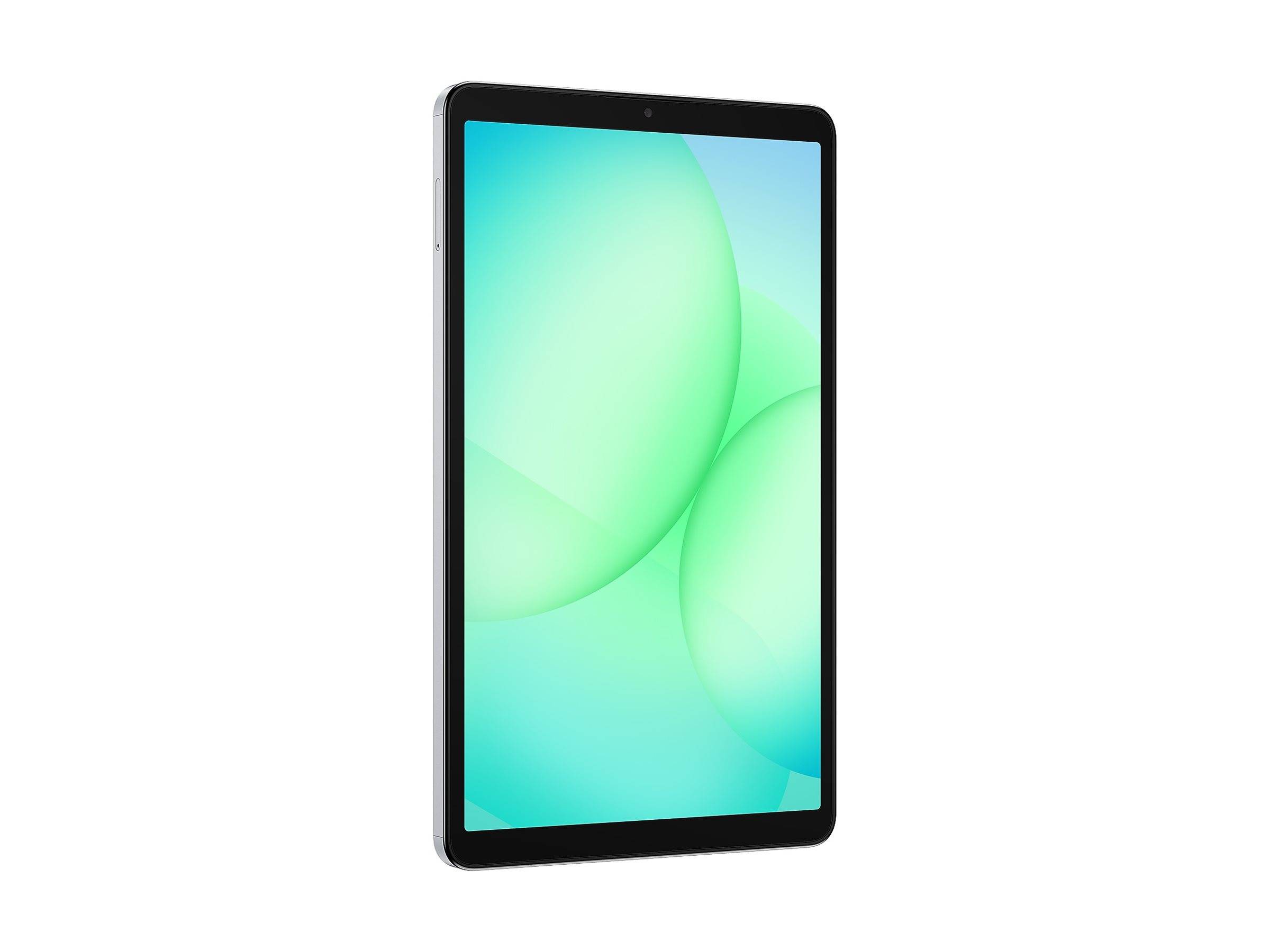 Schwarzer Tablet-Computer aufrecht mit grüner abstrakter Tapete auf weißem Hintergrund dargestellt.