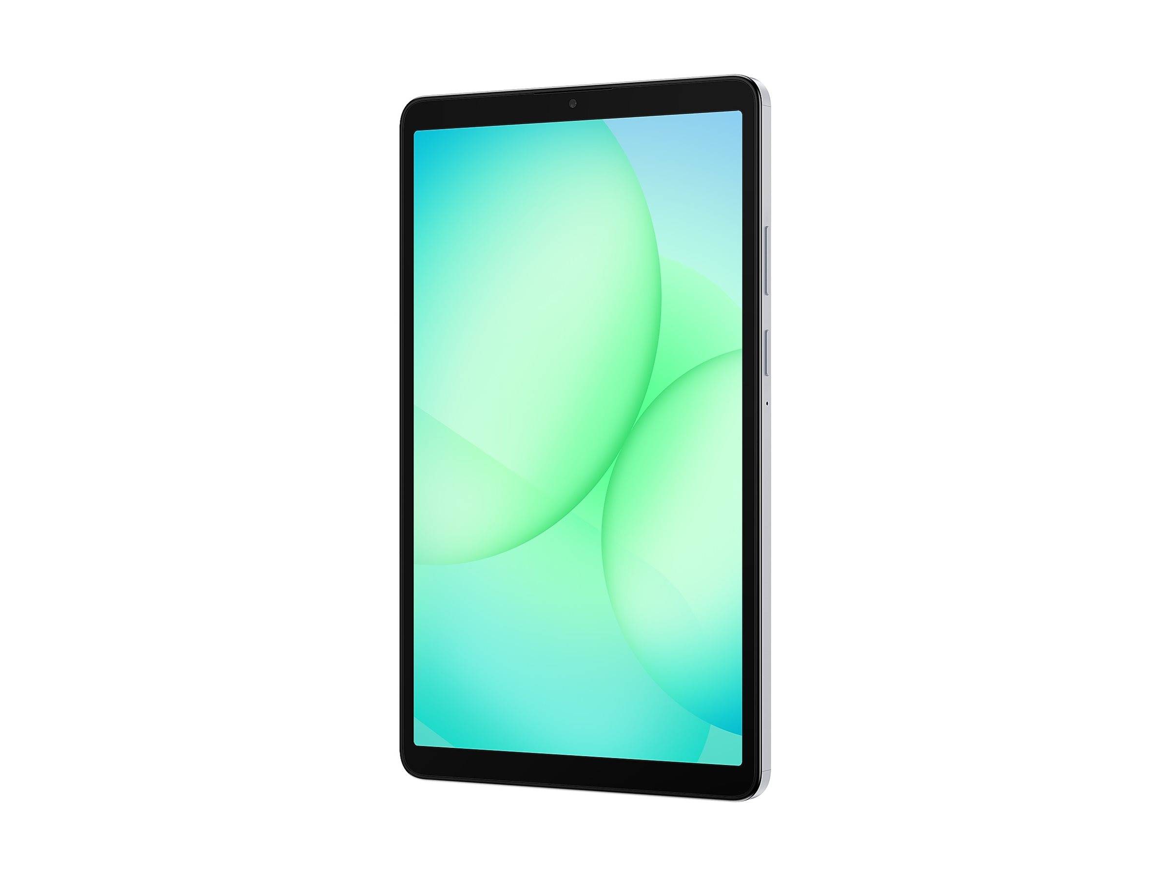 Schwarzes Tablet mit grünem abstraktem Hintergrundbild, dargestellt in Hochformat auf weißem Hintergrund.