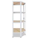 Weiße offene Regaleinheit mit vier Holzregalen und einem unteren geschlossenen Schrank, dargestellt in einem produktstylisierten Bild.