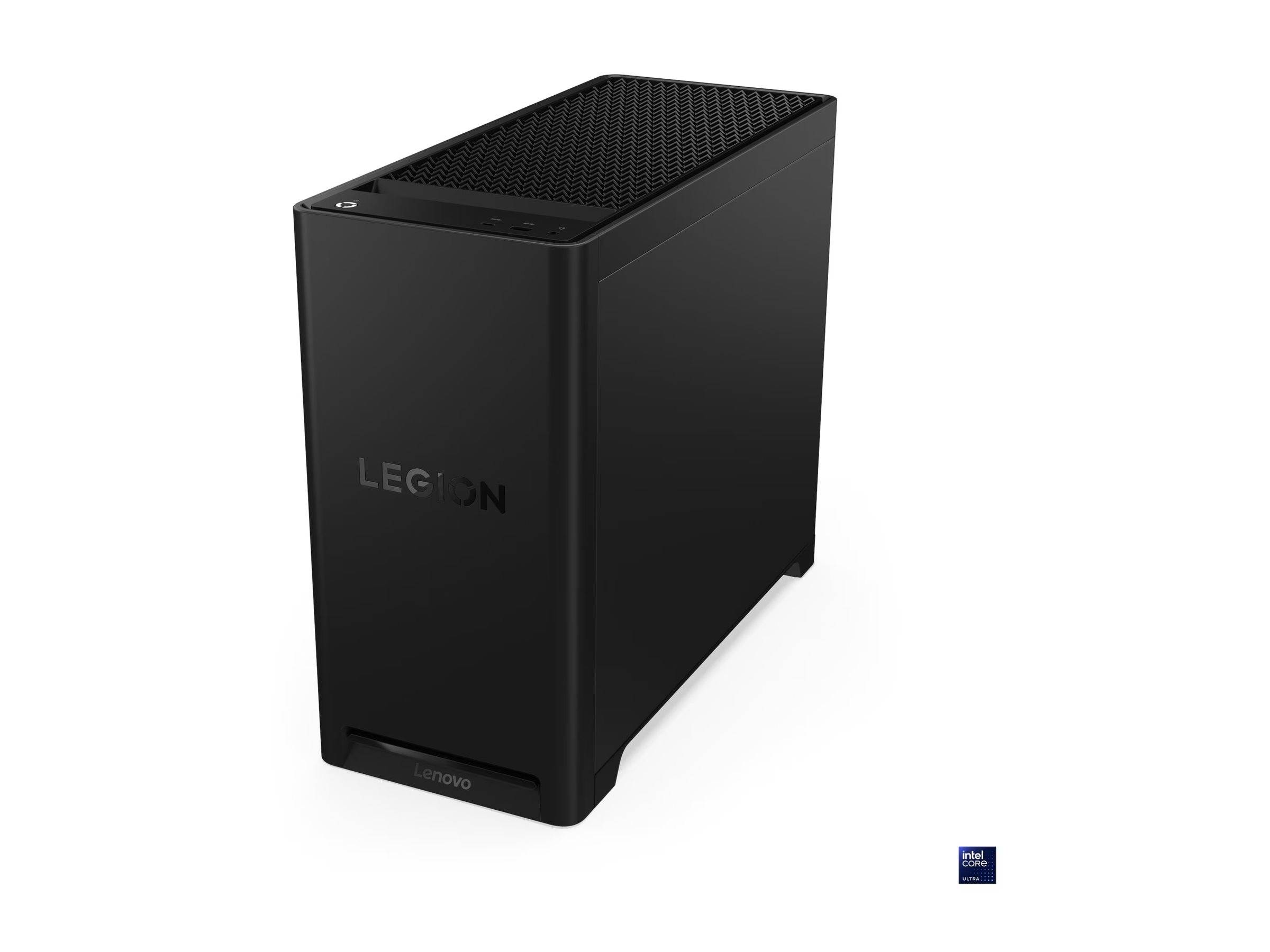 Schwarzer Lenovo Legion Desktop-Tower-Computer in Dreiviertelsicht vor weißem Hintergrund, mit vorderer 