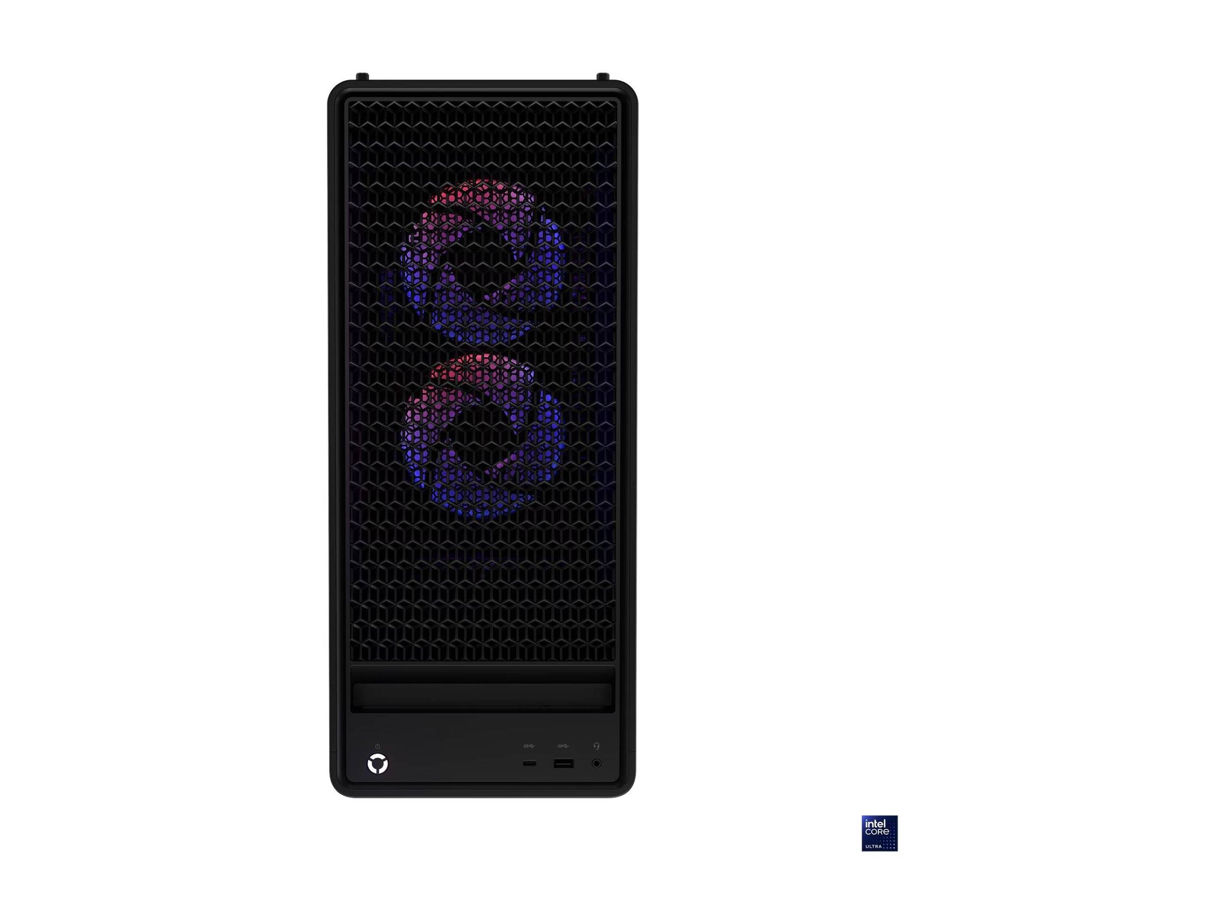 Schwarzer Desktop-PC-Turm mit Frontgitterfeld, zwei RGB-beleuchteten Kühlventilatoren und kleinem Markenlogo in der Nähe des unteren Bereichs.