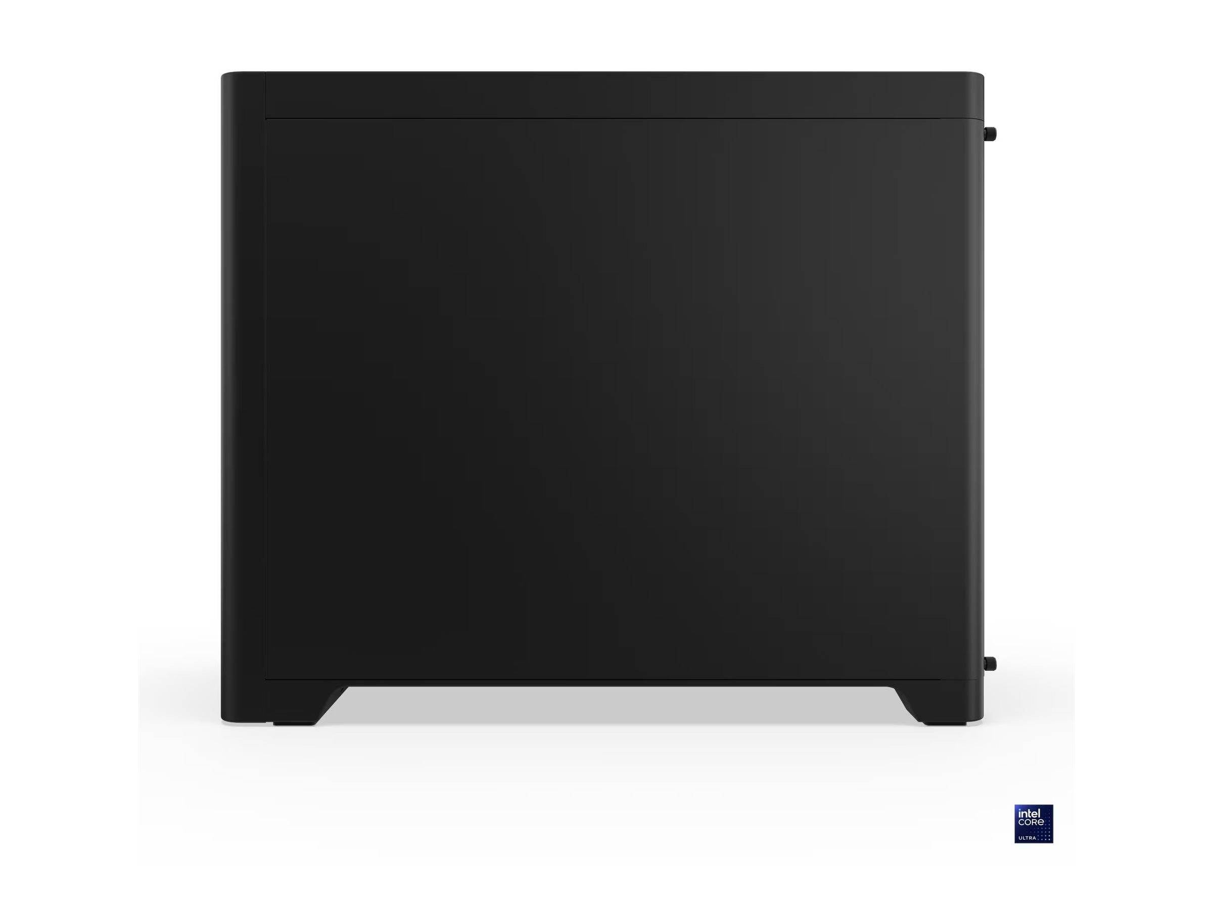 Schwarzes Computergehäuse in Seitenansicht auf weißem Hintergrund, mit kleinem Intel-Logo in der unteren rechten Ecke.