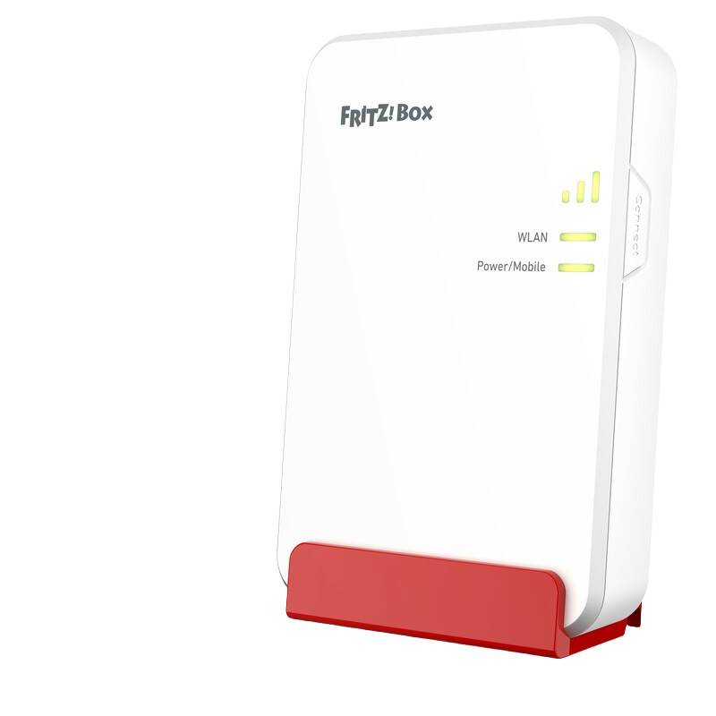 Weißer FRITZ!Box WLAN-Router/Modem mit Statusleuchten und roter Basis, auf neutralem Hintergrund abgebildet.