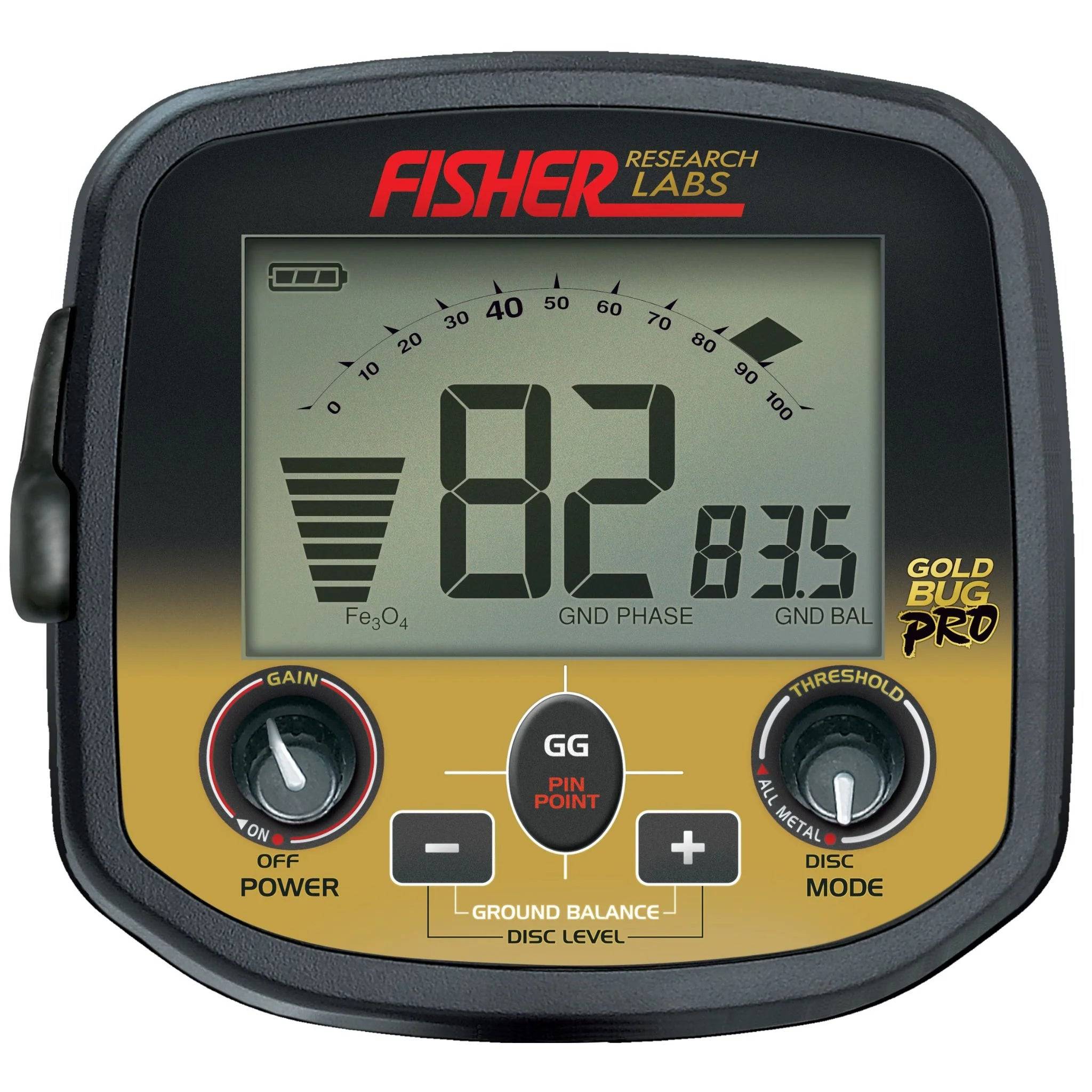 Bedienfeld eines Fisher Research Labs Gold Bug Pro Metalldetektors mit Bodenausgleich-Anzeige 82 und Schwellenwert 83,5, mit Verstärkungs- und Schwellenwert-Reglern.