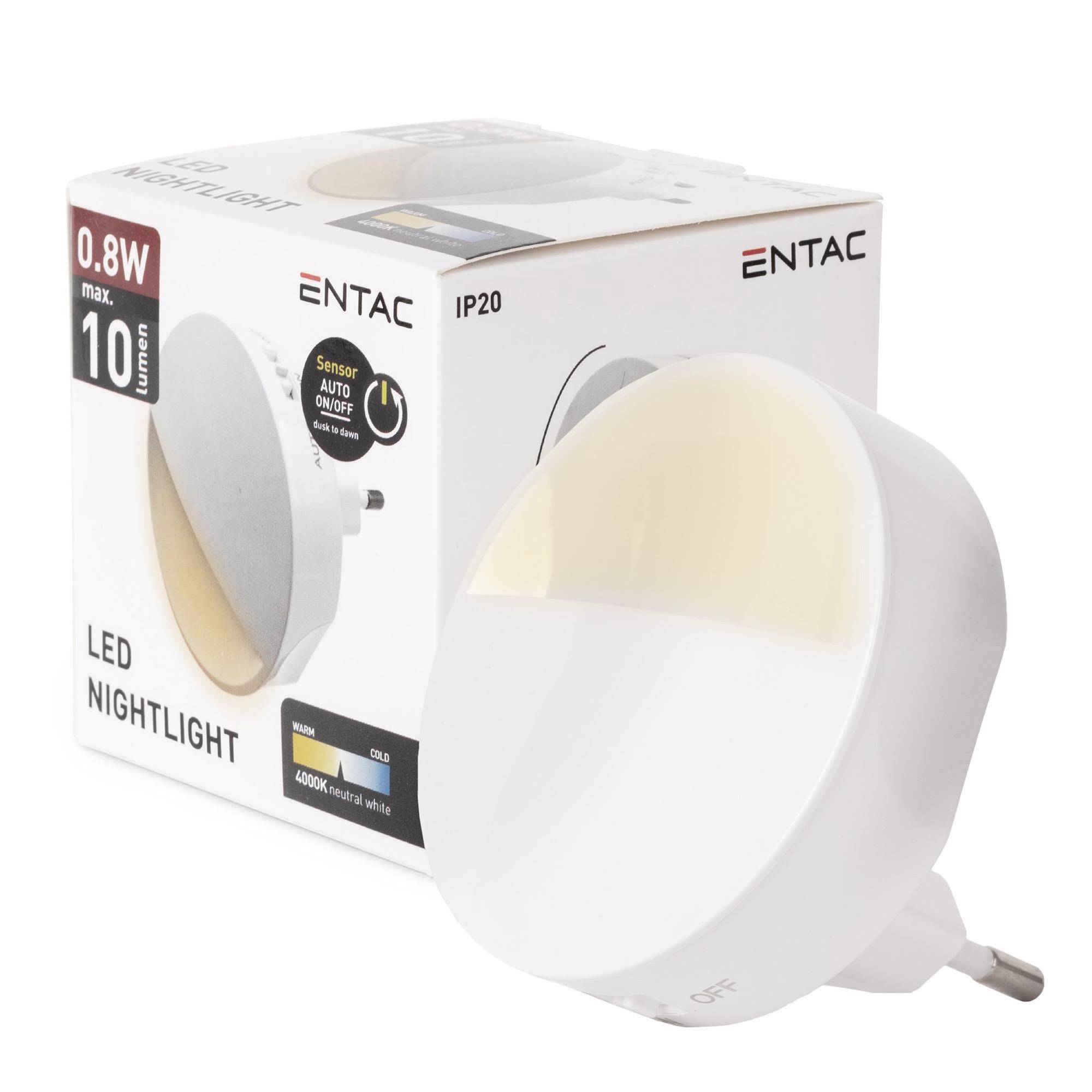 ENTAC LED-Nachtlicht in Produktverpackung, gekennzeichnet mit IP20, 0,8W max., 10 Lumen, mit Sensor-Automatik Ein-/Ausschalten und warmweißem Licht.