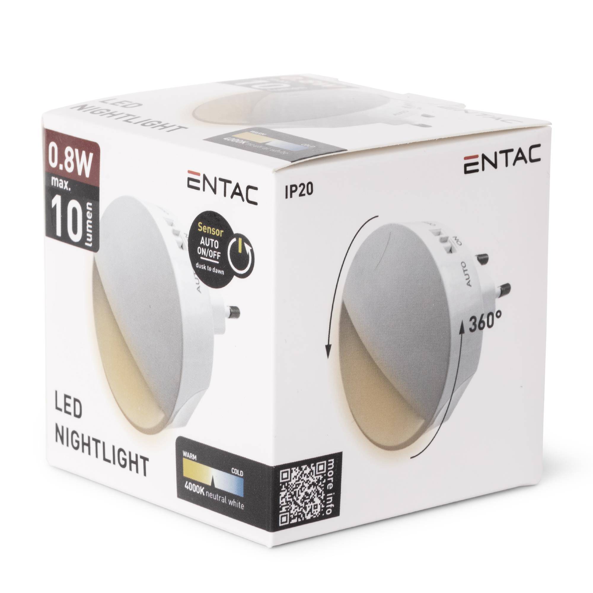 Boxverpackung für ein ENTAC LED-Nachtlicht mit 0,8W max, 10 Lumen, IP20, Sensor-Automatik ein/aus und 360°-Verstellung.
