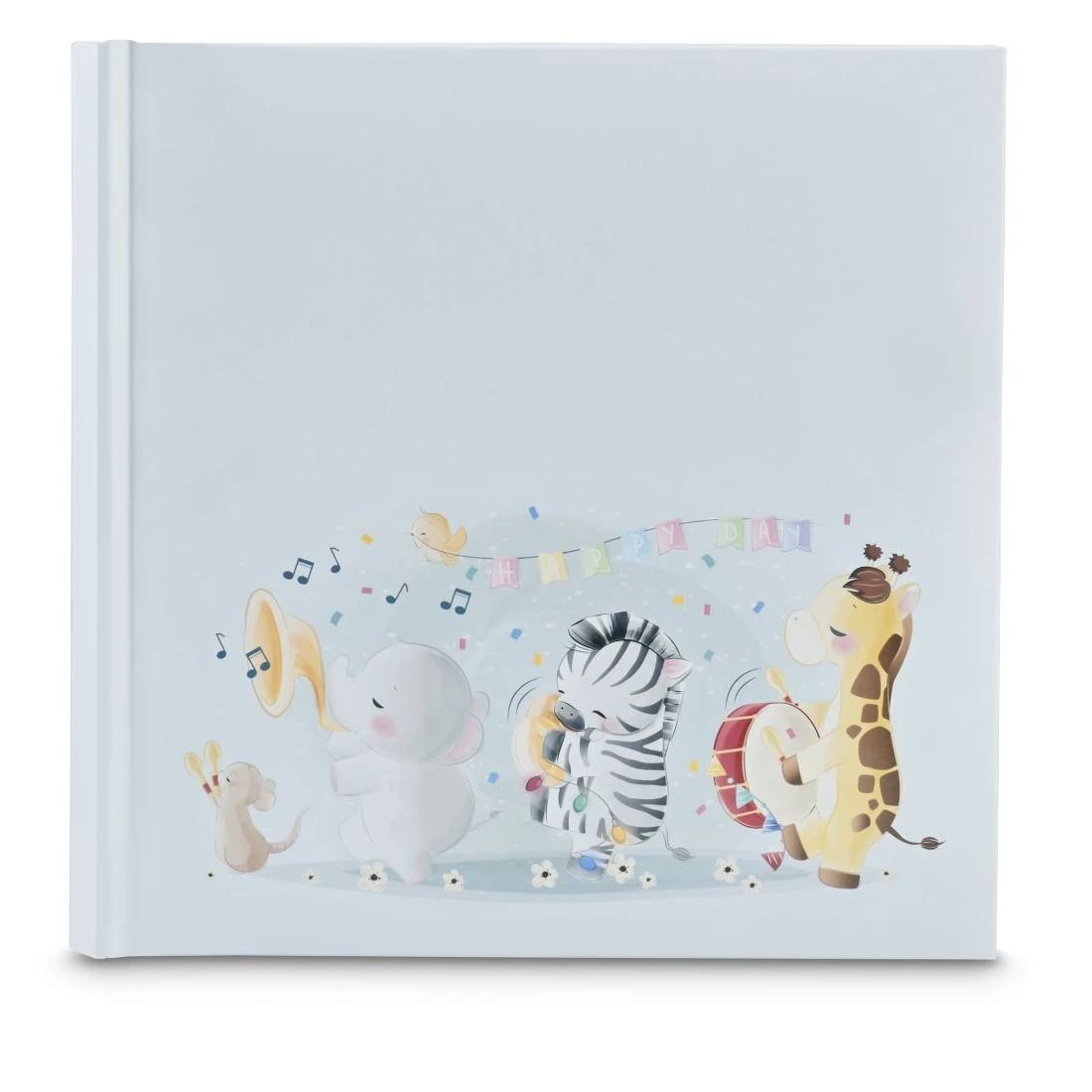 Weißes Babyfotos-Album mit einer niedlichen Tierparadenillustration auf dem Umschlag, einschließlich Elefant, Zebra, Giraffe und Musiknoten.