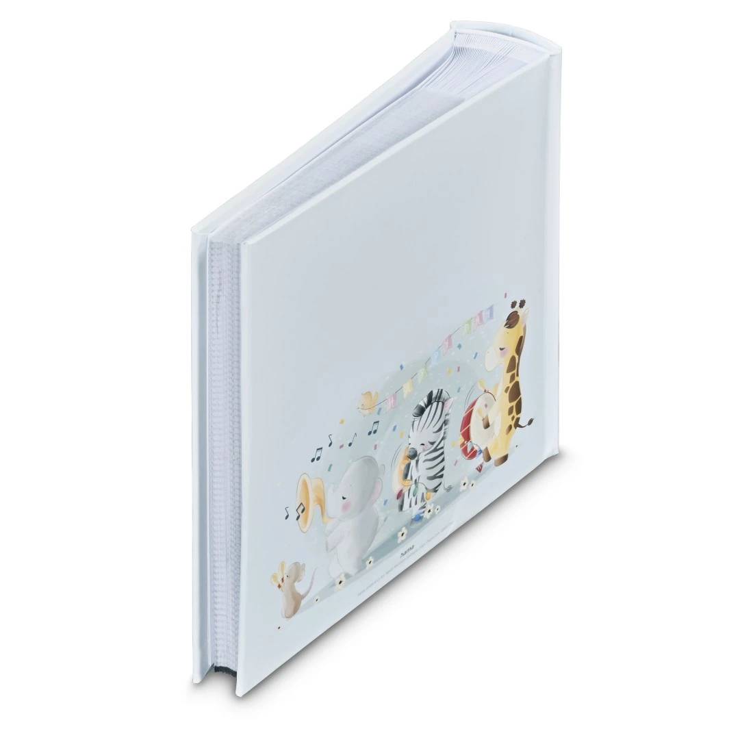 Weißes Fotoalbum mit durchsichtiger Kunststoffhülle und kleiner Illustration von Zootieren auf der Vorderseite