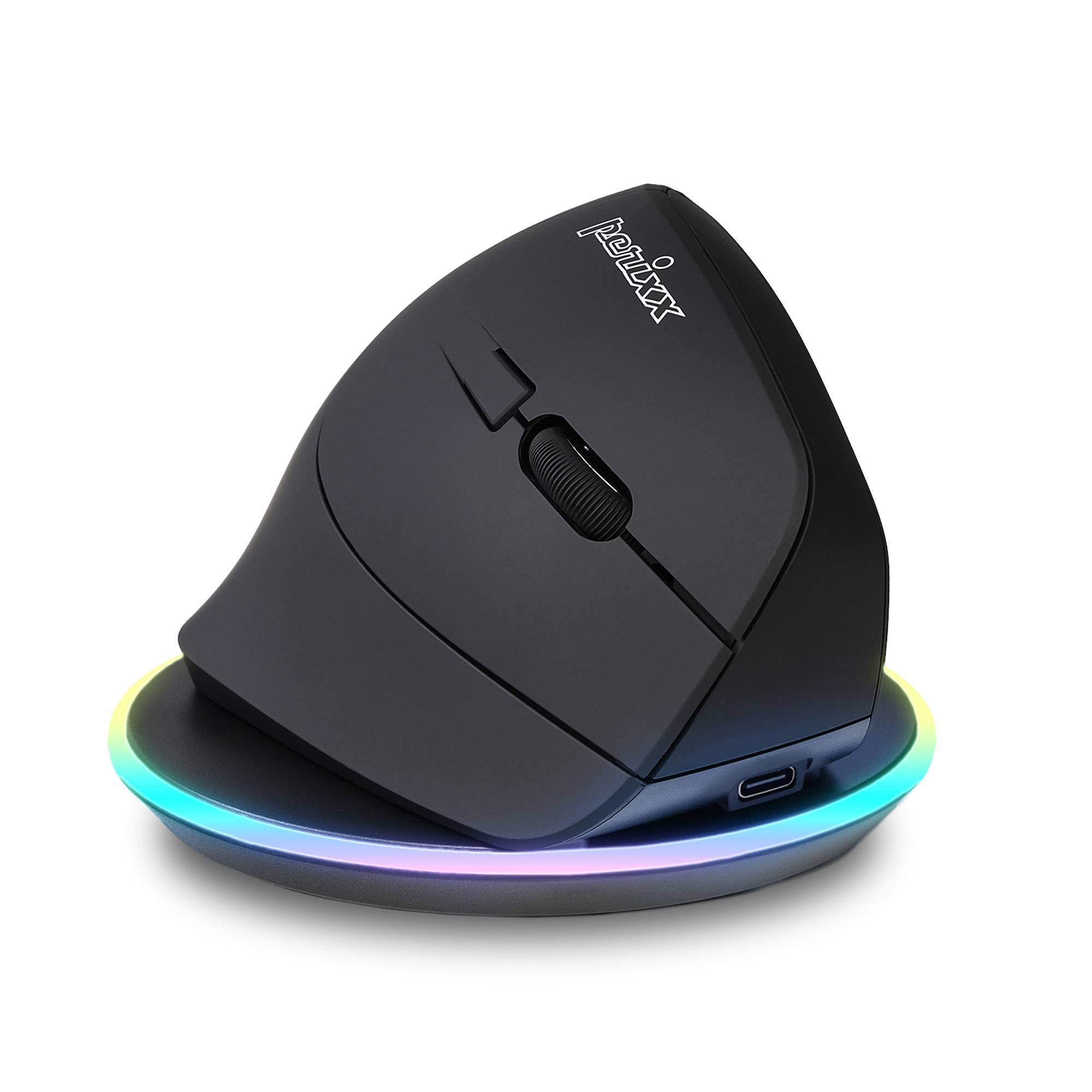 Schwarze ergonomische vertikale kabellose Maus auf einer leuchtenden RGB-Ladebasis.