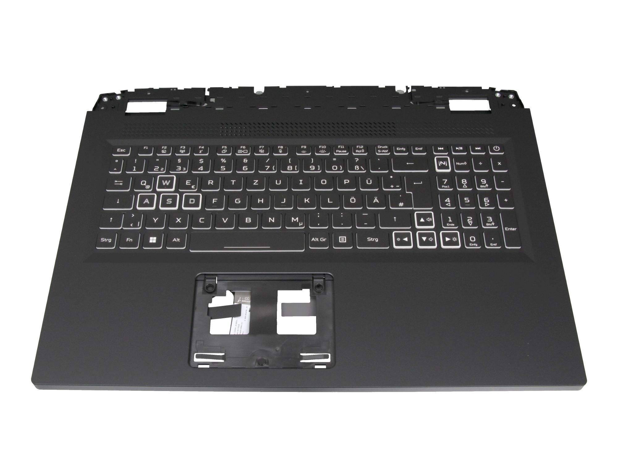 Schwarze Laptop-Tastaturplattform/Handballenauflage mit integriertem Tastaturlayout und zentraler Touchpad-Öffnung, gezeigt auf weißem Hintergrund.