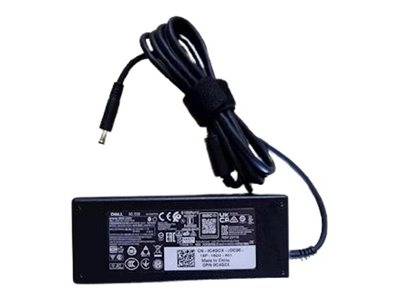 Schwarzer Laptop-Netzteil-Stromadapter mit angebautem gewickeltem Ladekabel und Hohlstecker auf weißem Hintergrund.