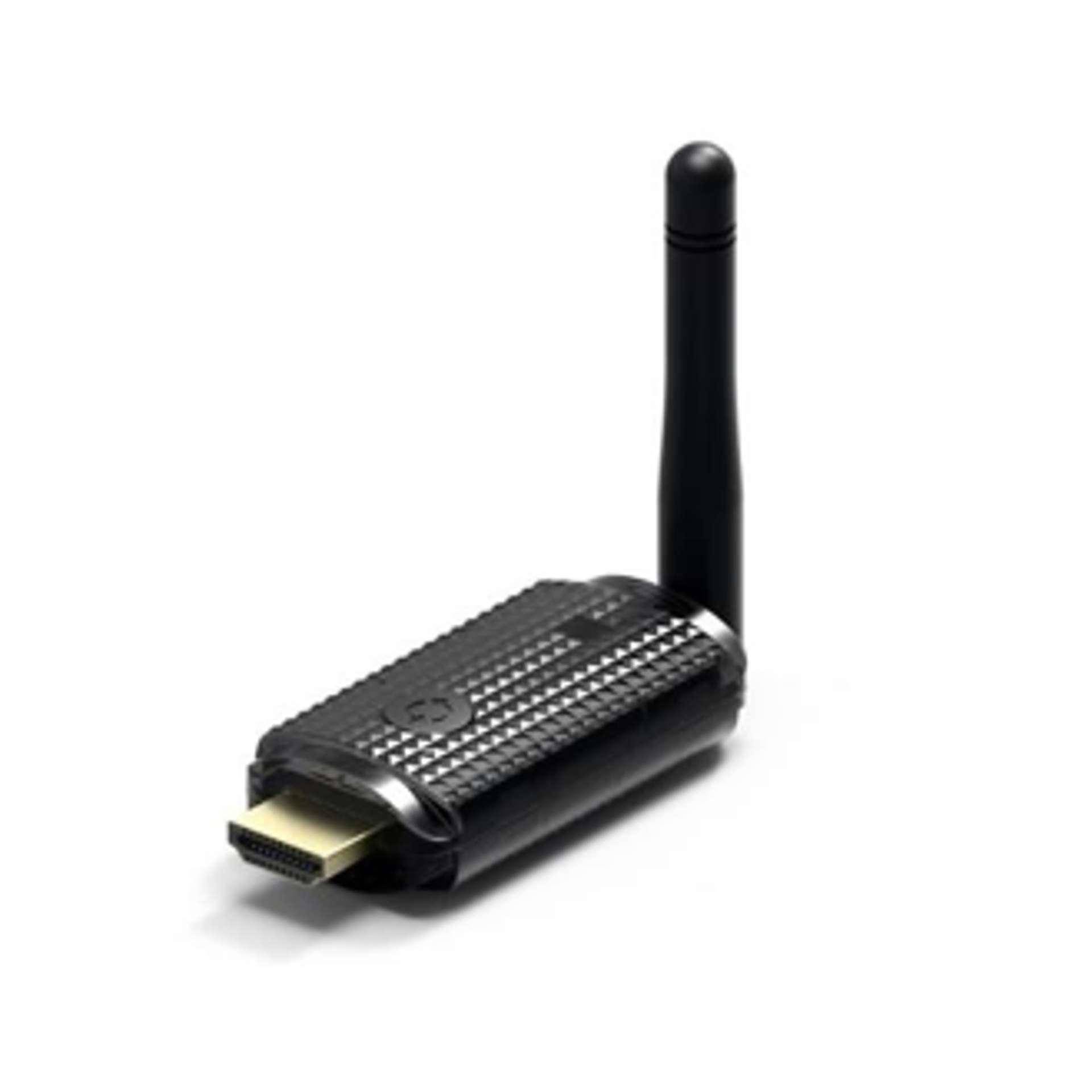 Schwarzer kabelloser HDMI-Dongle mit einer kurzen Antenne, auf weißem Hintergrund dargestellt.