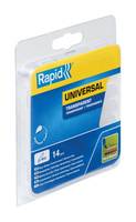 Packung mit schnellen universellen Heftklammern in blau-gelbem Blisterpack, beschriftet mit "UNIVERSAL"" und ""14 mm"".