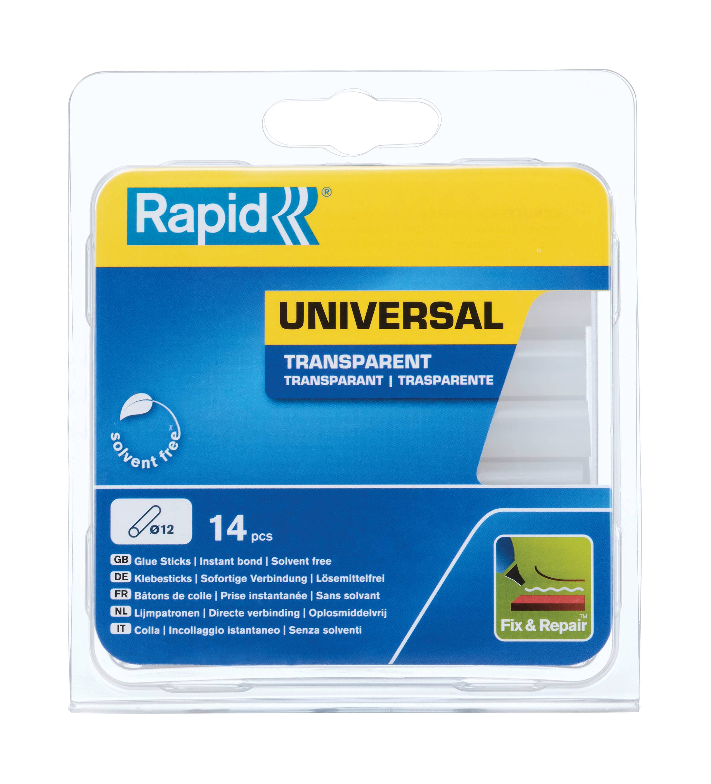 Paket mit schnell trocknenden universellen transparenten Klebestiften, 14 Stück, lösungsmittelfrei, mit Fix & Repair Etikett.